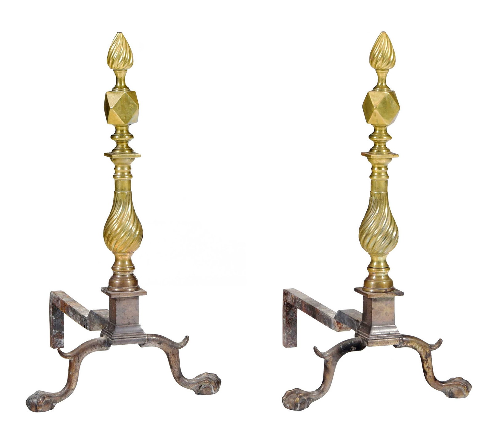 Fine Pair American Chippendale Brass Andirons: New York, circa 1770, each with flame finial and faceted support, spurred ball and claw feet, iron log supports, 24-1/4 x 13-1/4 x 19 in. Provenance: Private Durham, North Carolina private collection;