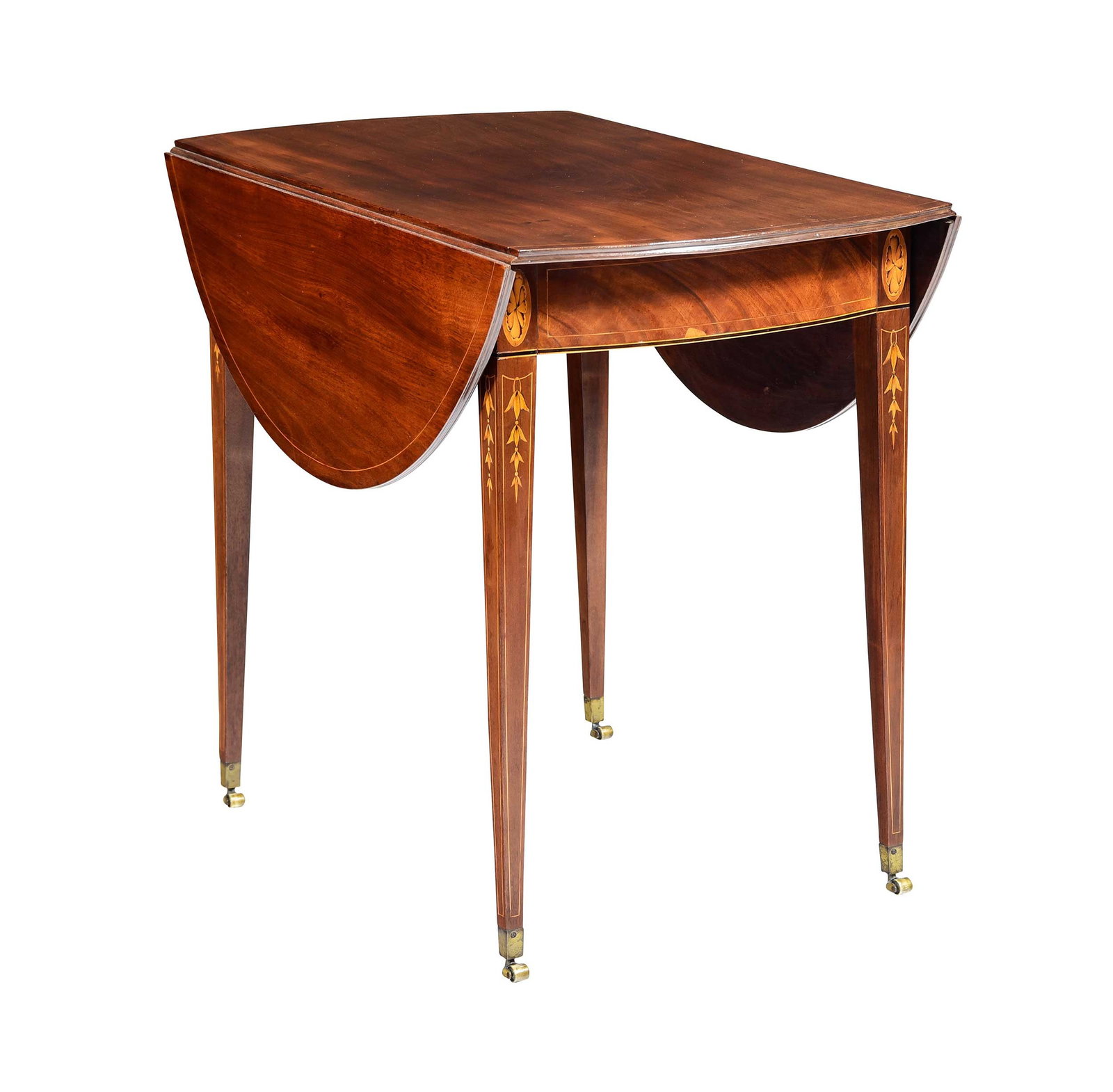 Baltimore Bankson and Lawson Attributed Federal Inlaid Mahogany Pembroke Table: Maryland, circa 1790, upper legs inlaid with elliptical paterae above bellflower husks, brass casters, poplar and oak secondary, while closed 28-3/4 x 33 x 20-1/4 in., while open 28-3/4 x 33 x 41-1/2 