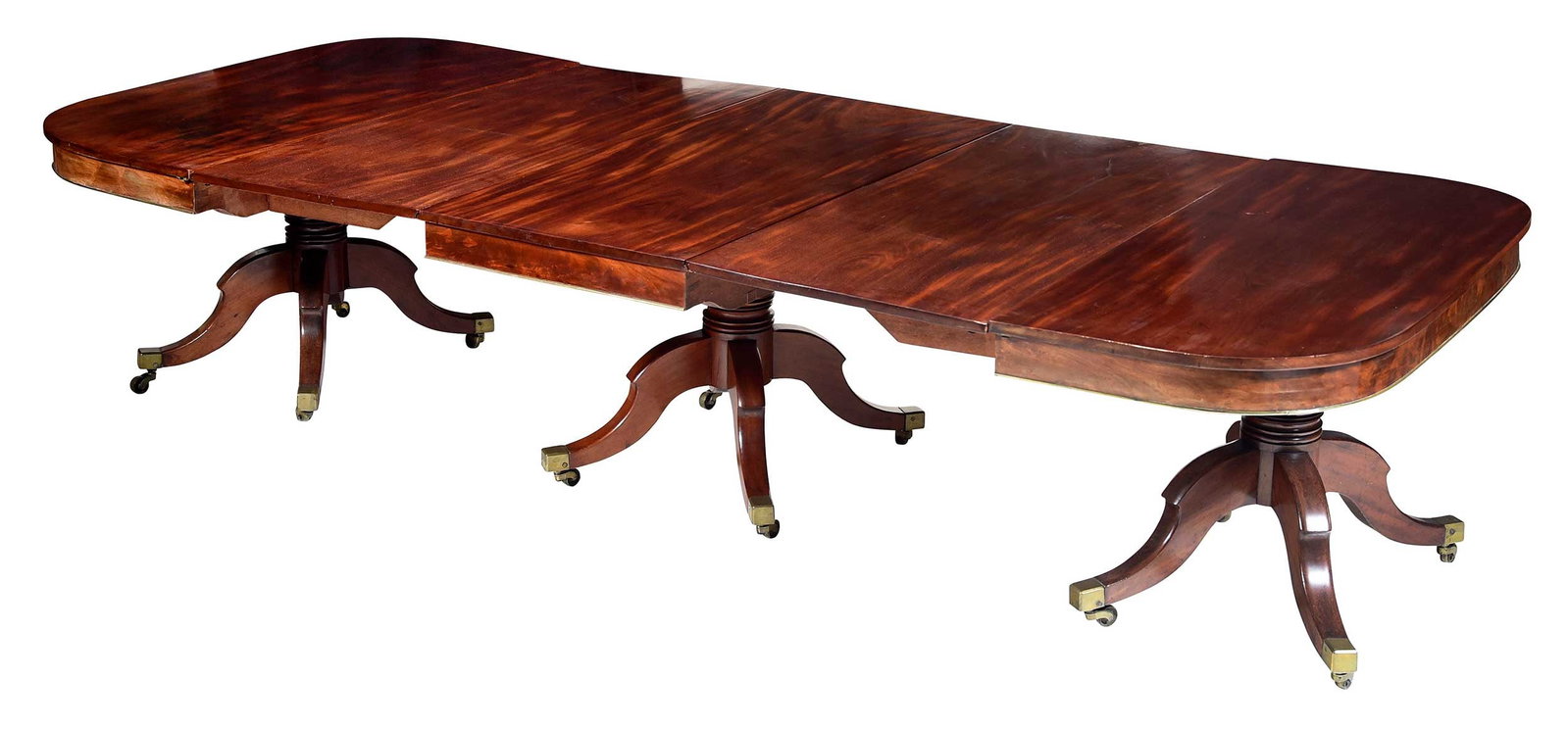 American Classical Brass Mounted Figured Mahogany Three-Part Dining Table (1 of 6)
