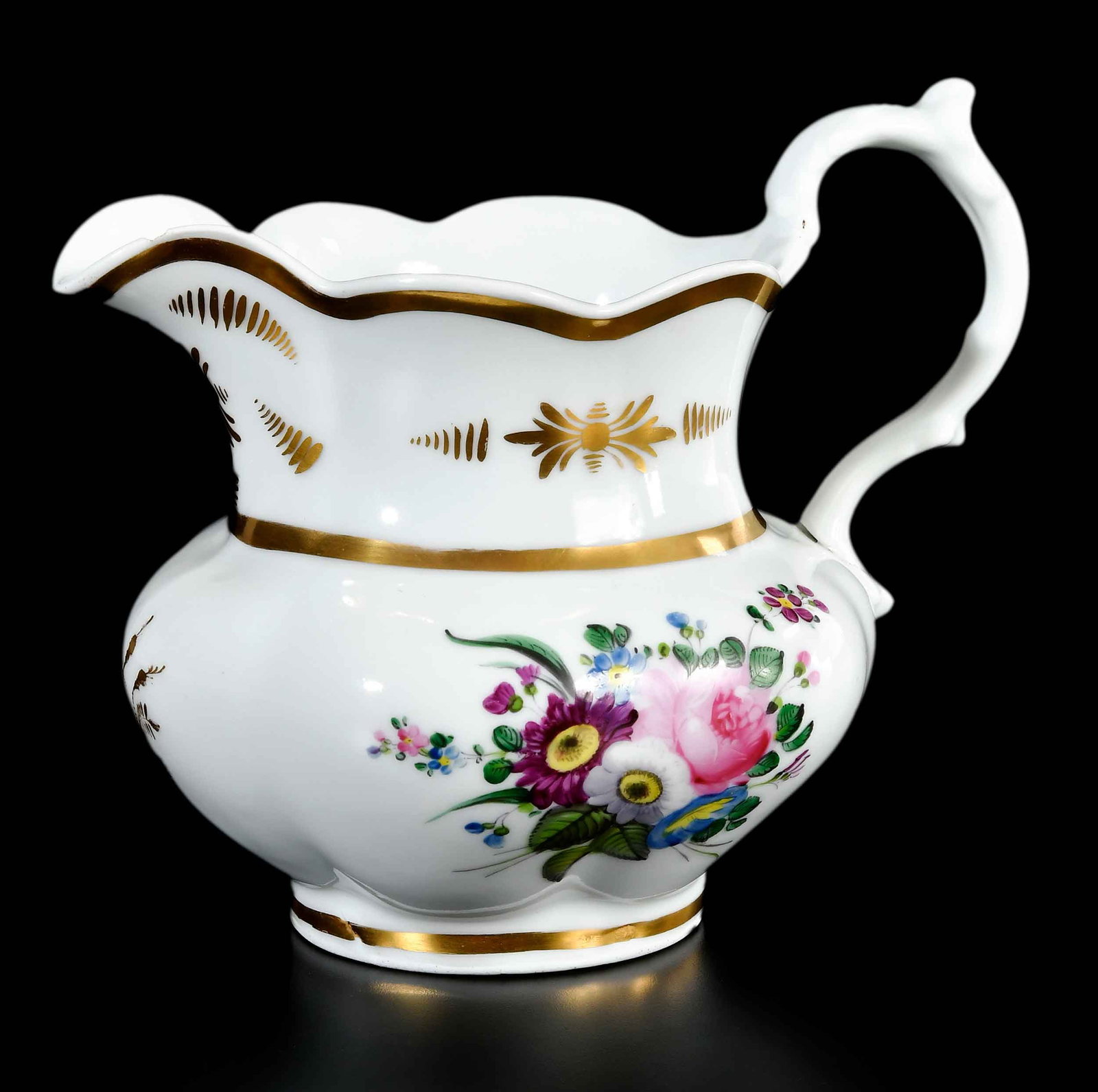 Philadelphia Tucker Hand Painted and Gilt Porcelain Pitcher: circa 1830, incised mark to underside of base, 7-7/8 x 9-1/2 x 7-1/4 in. Provenance: Purchased at the 2014 New Hampshire Antiques Dealers' Association show from William R. and Teresa F. Kurau, Lampete