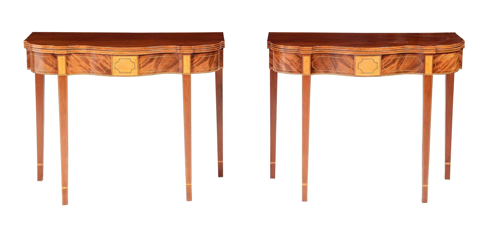 Middleton Family Pair Federal Inlaid Mahogany Serpentine Card Tables: attributed to Philadelphia, Pennsylvania, 1790-1810, period inscription to one underside reads "William Worner(?)", highly figured mahogany and satinwood veneers, serpentine front, square tapered legs