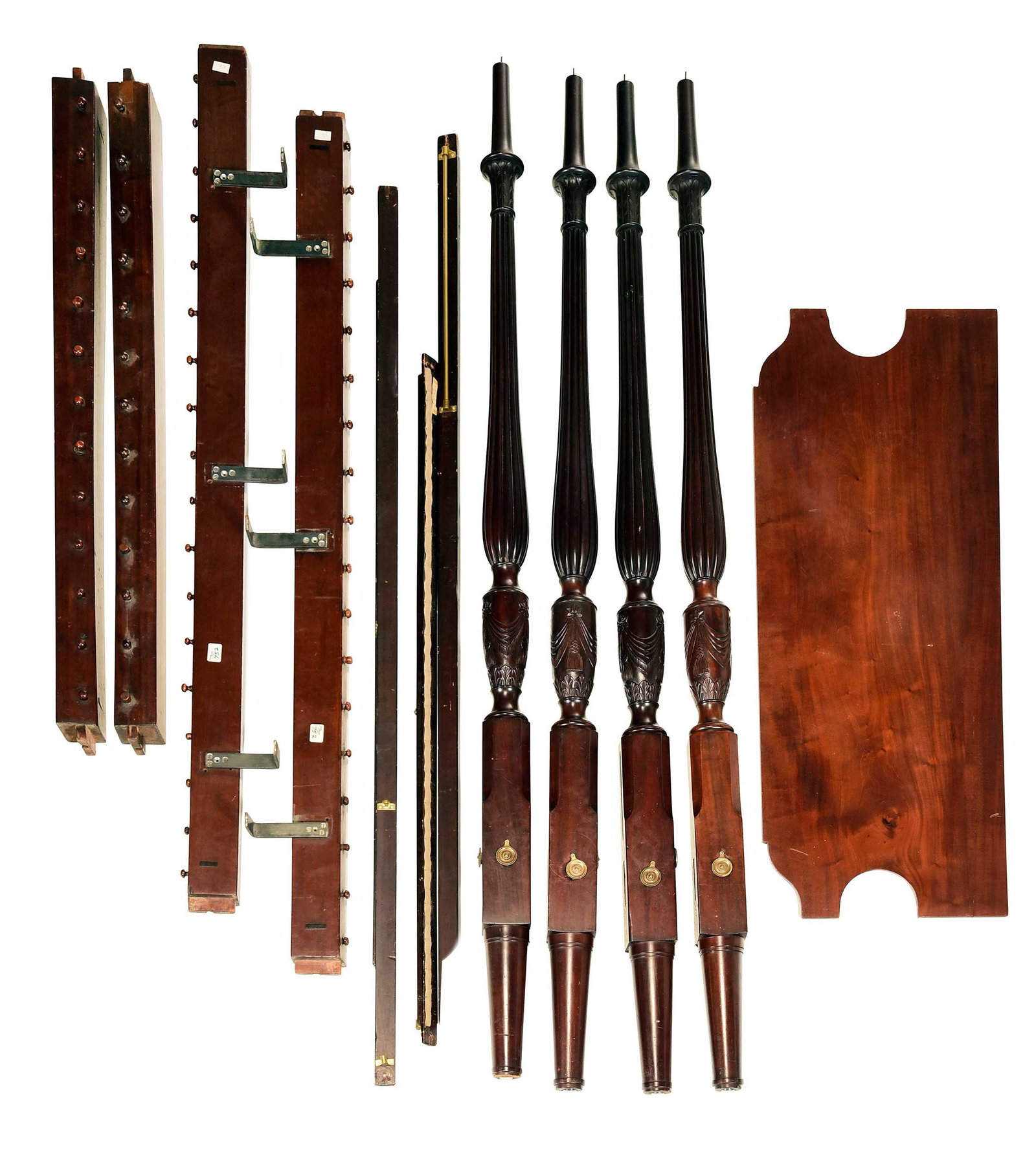 Philadelphia Federal Carved Mahogany Canopy Bed: Philadelphia, Pennsylvania, circa 1810, turned and reeded posts carved with swags suspended from rosettes, figured headboard, rails with rope attachments, 91 x 79 x 61-1/2 in. Provenance: Pook & Pook,