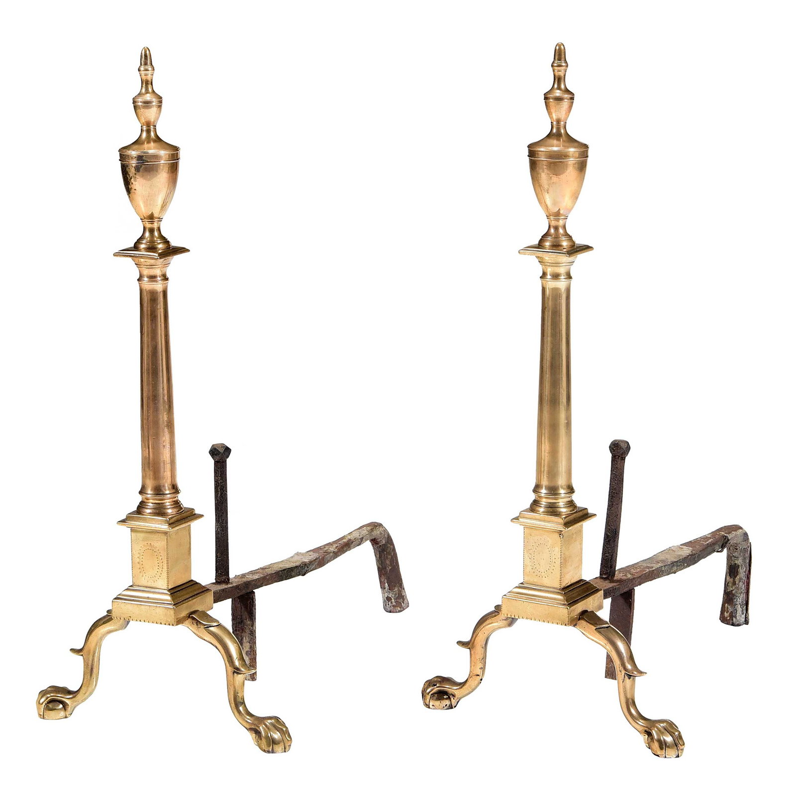 Pair American Engraved Bell Metal Double Urn Top Andirons (1 of 5)