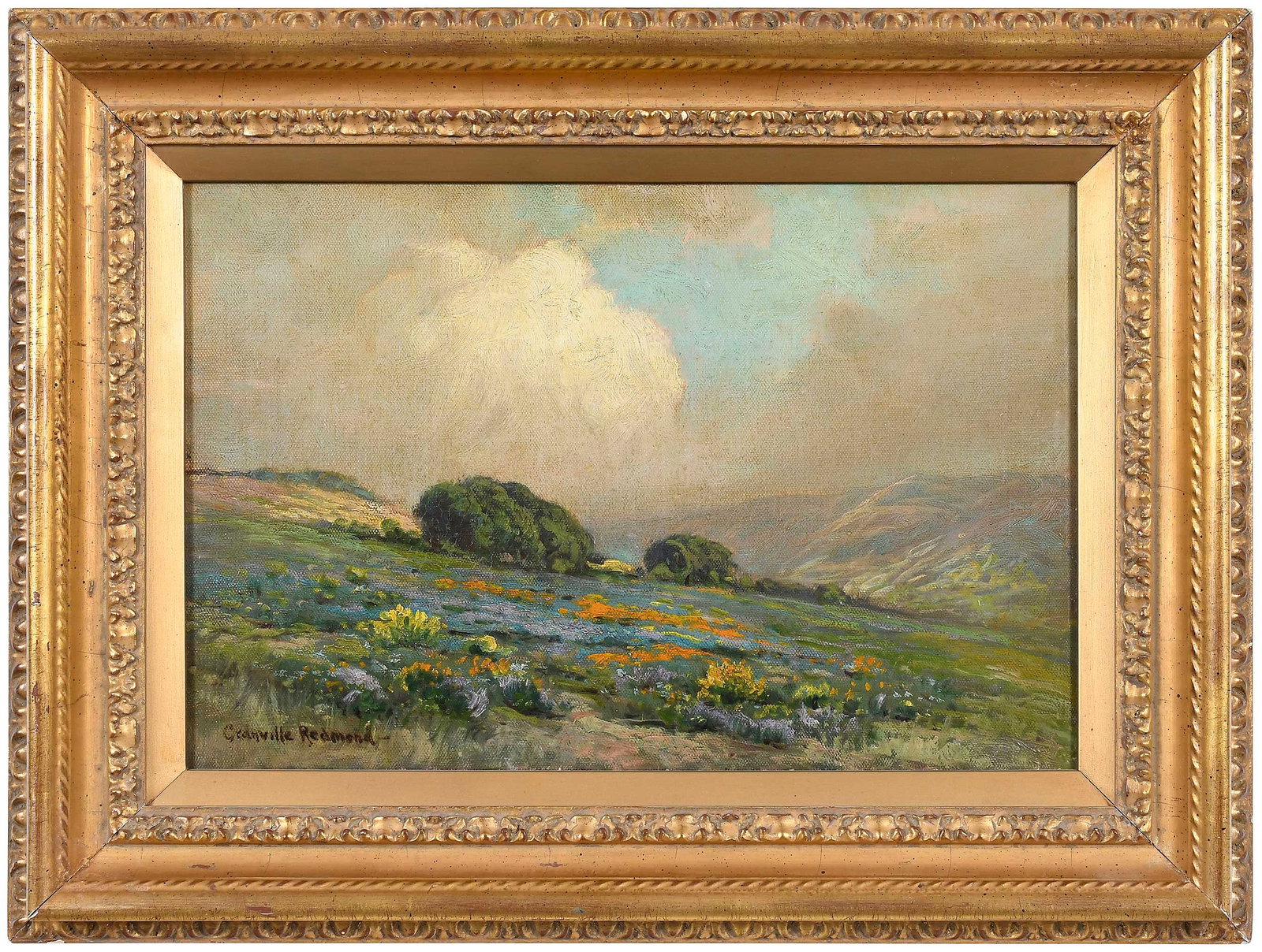 Granville Redmond: (California, 1871-1935) Poppies and Lupine, signed lower left "Granville Redmond", oil on canvas, 12 x 18 in.; reproduction gilt wood frame, 18-1/2 x 24-1/2 x 2-1/2 in. Provenance: Maxwell Galleries, 