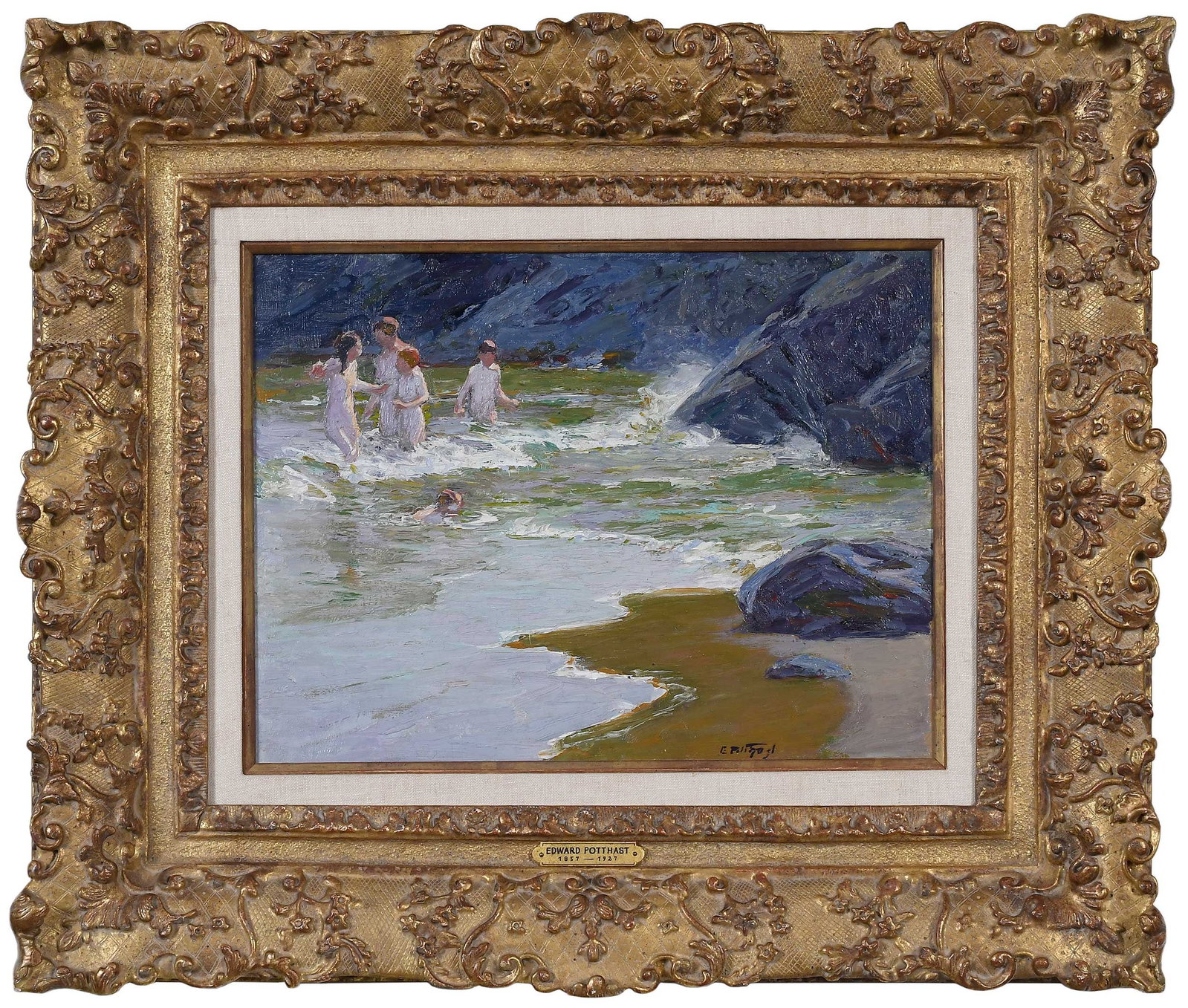 Edward Henry Potthast: (American, 1857-1927) A Sheltered Cove, signed lower right "E. Potthast", oil on artist board, 11-1/2 x 15-3/8 in.; fine reproduction carved gilt wood and composition frame, 21-1/2 x 25-1/2 in. Proven