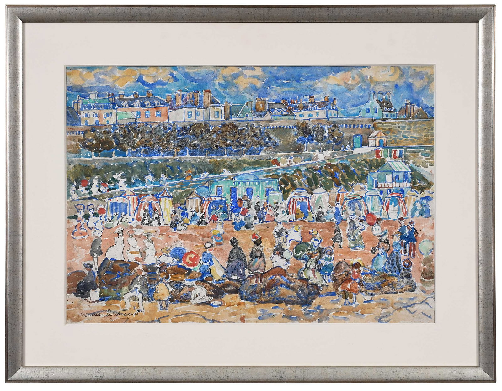Maurice Brazil Prendergast: (Newfoundland/America, 1858-1924) The Sands, St. Malo, circa 1907, signed lower left "Maurice Prendergast", watercolor on paper, sight 15-1/4 x 21-1/2 in.; silver finished wood frame, 21-3/4x 28 x
