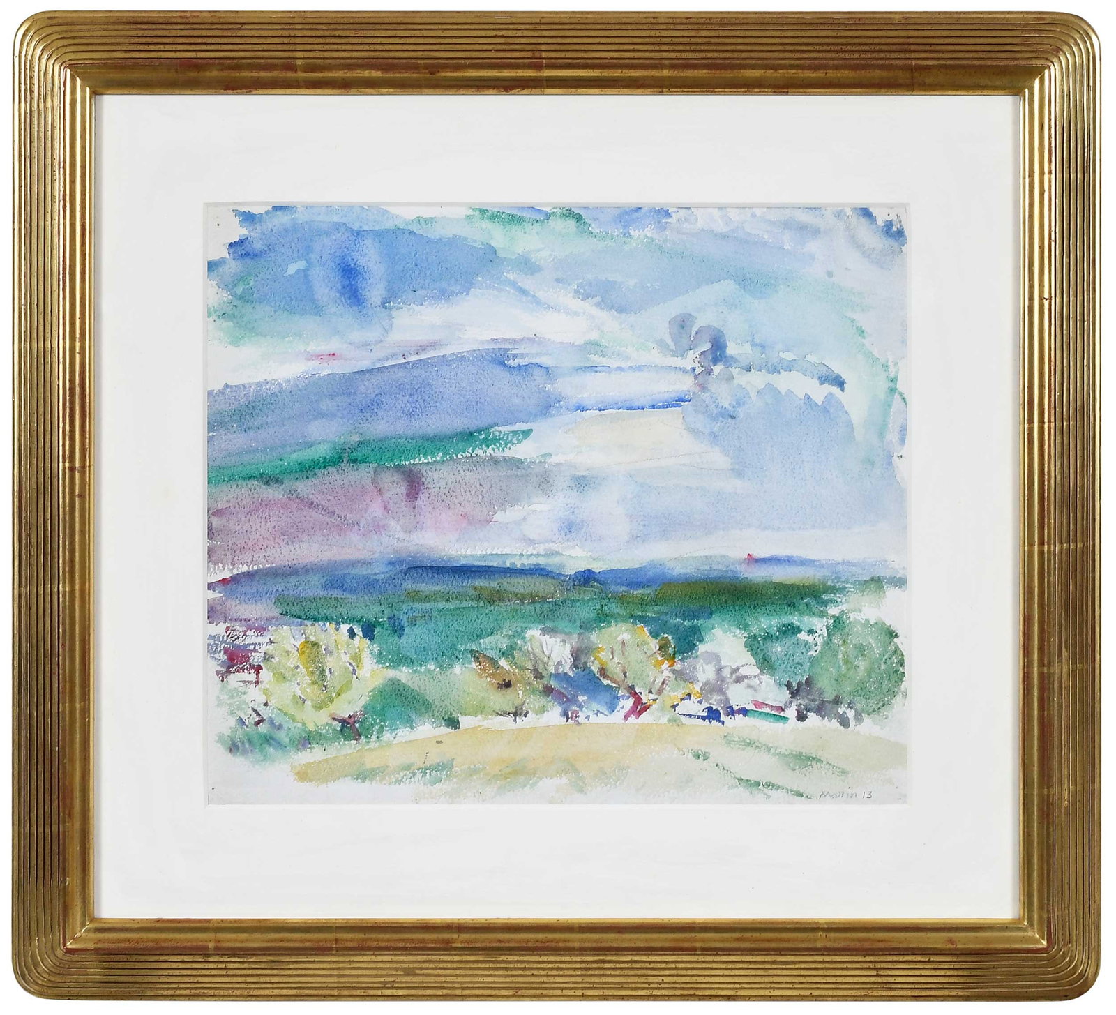 John Marin: (American, 1870-1953) Black River Valley, Castorland, New York, 1913, signed and dated lower right "Marin 13", watercolor on paper, 16 x 18-7/8 in.; fine carved gilt wood frame, 26-1/4 x 29 x 1-1/4 in