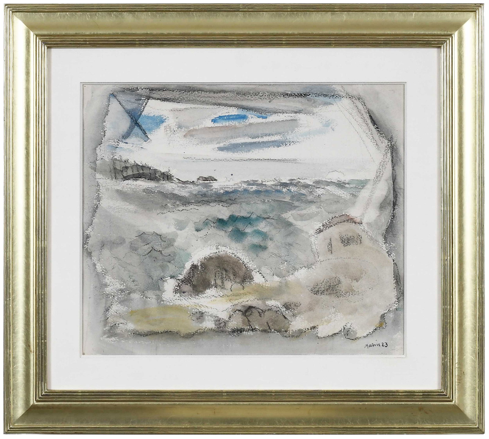 John Marin: (American, 1870-1953) Impression, 1923, signed and dated lower right "Marin 23", watercolor and charcoal on paper, 17 x 21 in.; fine reproduction gilt wood frame, 27-1/2 x 31-1/8 x 1-3/8 in.