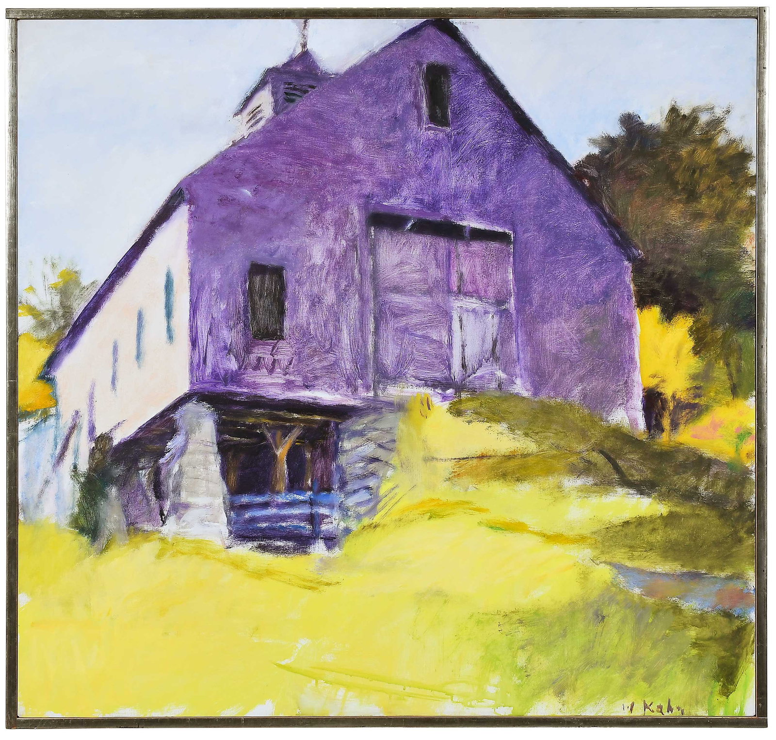 Monumental Wolf Kahn Painting: (German/America, 1927-2020) Drewes Barn, signed lower right, "W Kahn", oil on canvas, 42 x 44 in.; silver gilt wood gallery style frame, 43-1/2 x 45-1/2 in. Provenance: Meredith Long Gallery,
