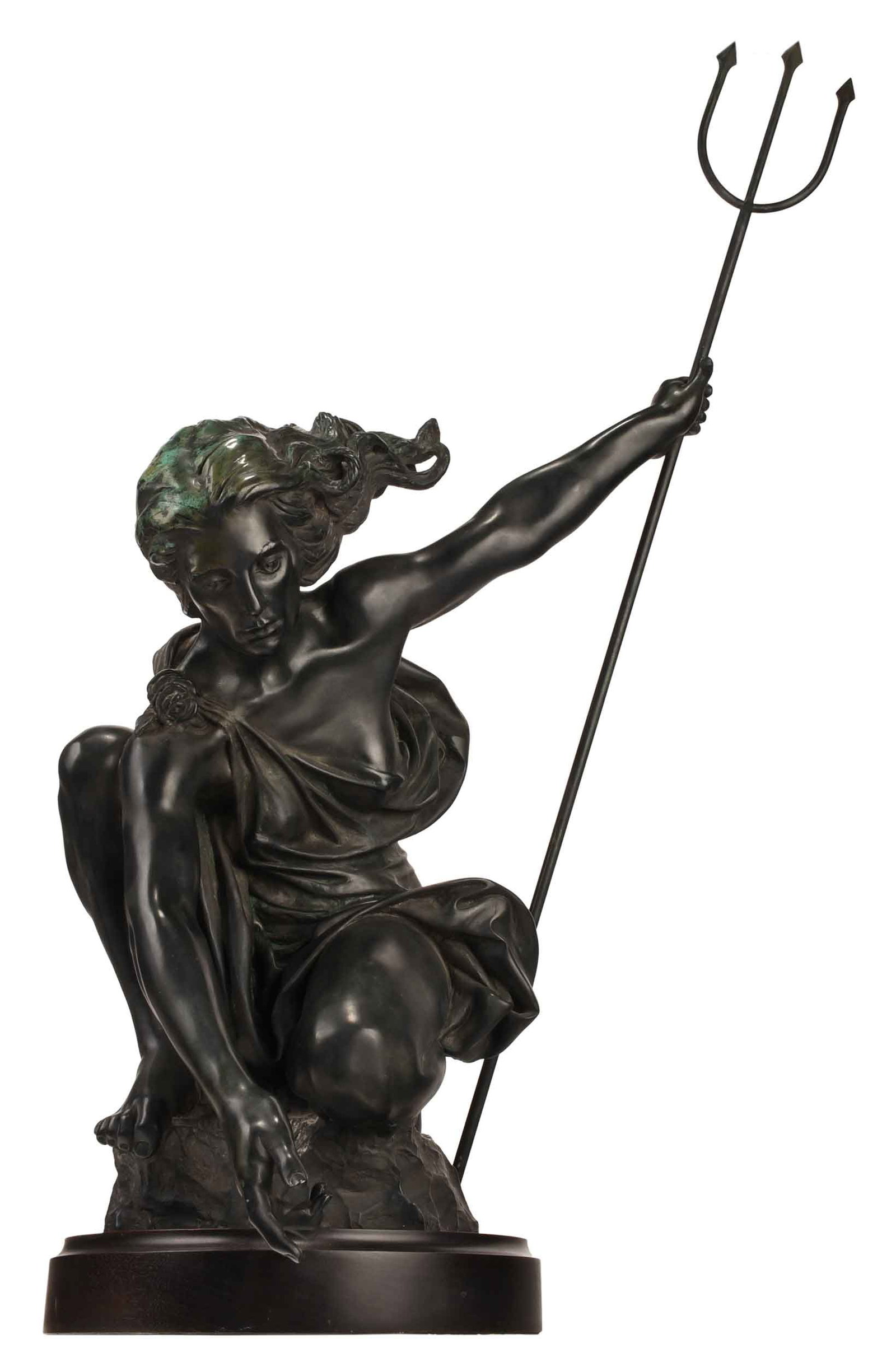 Rare and Important Raymond Kaskey Bronze, Portlandia: (Washington, D.C., born 1943) Portlandia, 1986-87, the sole artist's proof, signed "R. J. Kaskey" and inscribed "MC 1", patinated bronze, with stained black wood base, 49 x 30 x 22 in. Provenance: