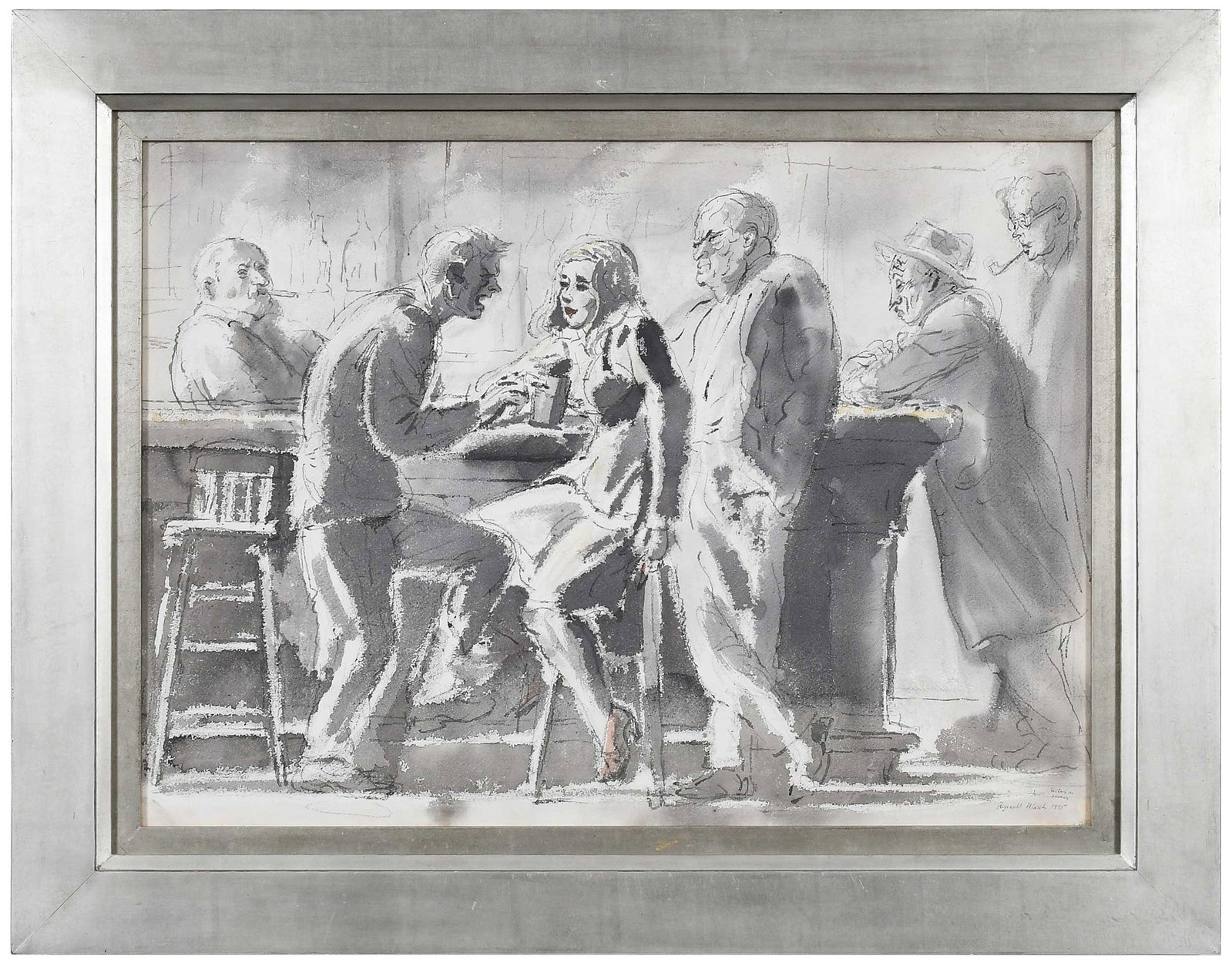 Reginald Marsh: (French/America, 1898-1954) Bar Room Scene & Picture in Reverie, a double sided painting, 1945, signed and dated lower right recto (Bar Room Scene) and verso (Picture in Reverie), "Reginald March 1945