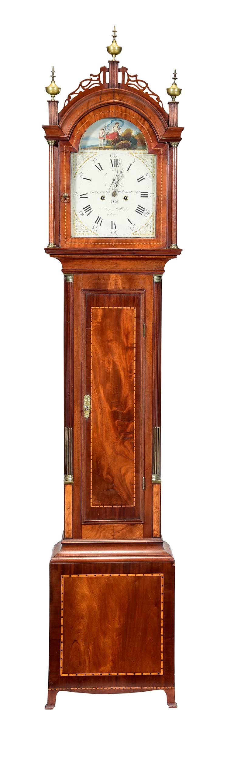 Aaron Willard Labeled Federal Mahogany Tall Case Clock, Possible Penniman Painting: Massachusetts, 1806, brass 8-day movement with seconds dial, dial inscribed "WARRANTED FOR MR. JOSHUA SEAVER / 1806 / Aaron Willard / Boston", allegorical painting possibly by John Ritto Penniman, the