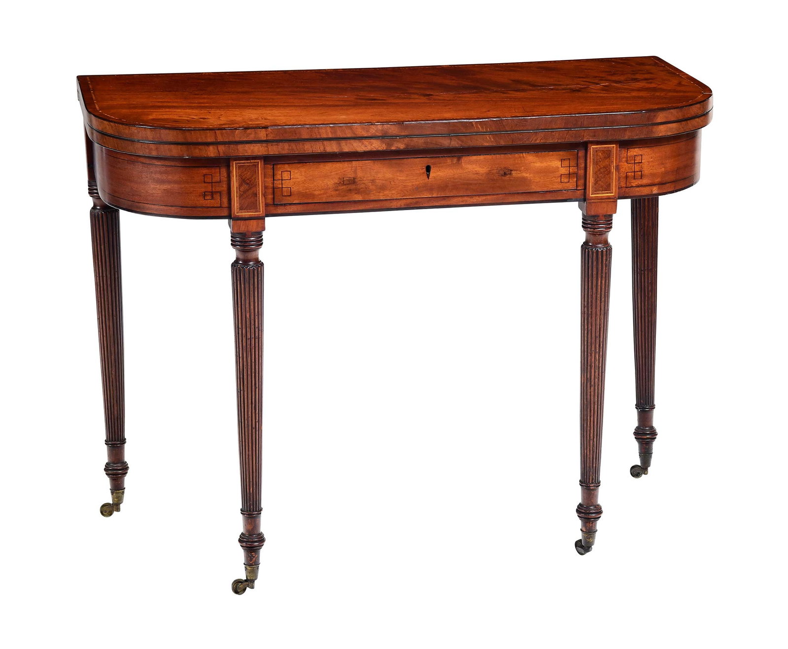 Massachusetts Federal Inlaid and Figured Mahogany Card Table: Boston, attributed to John and Thomas Seymour, highly figured top with checkered and crossbanded inlay, apron with delicate line inlay and figured birch panels, round tapered reeded legs on casters,