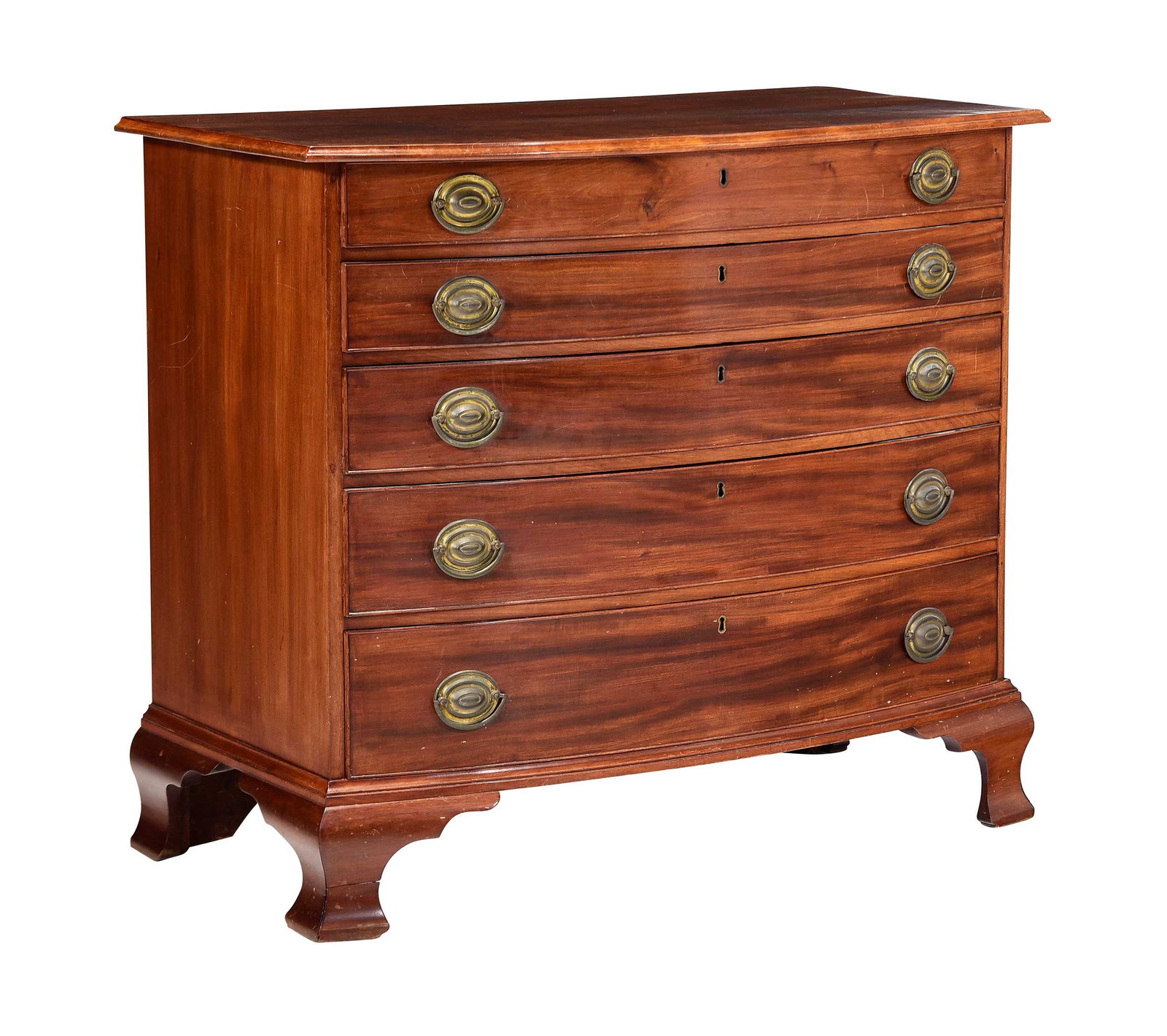 Unusual New England Chippendale Mahogany Five Drawer Bowfront Chest (1 of 14)