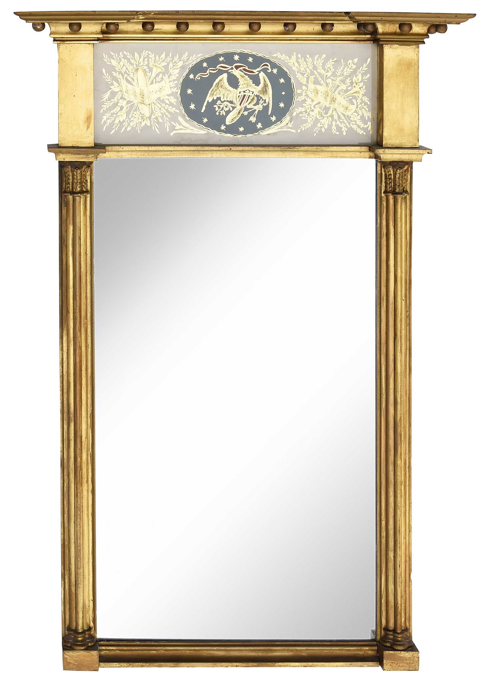 Rare Newburyport Barnard Cermenati Labeled Federal Eglomise Giltwood Mirror: Barnard Cermenati label on the back, Newburyport, Massachusetts, circa 1807, panel with stylized Great Seal of United States, mirror plate flanked by cluster columns, backboard also retains a label