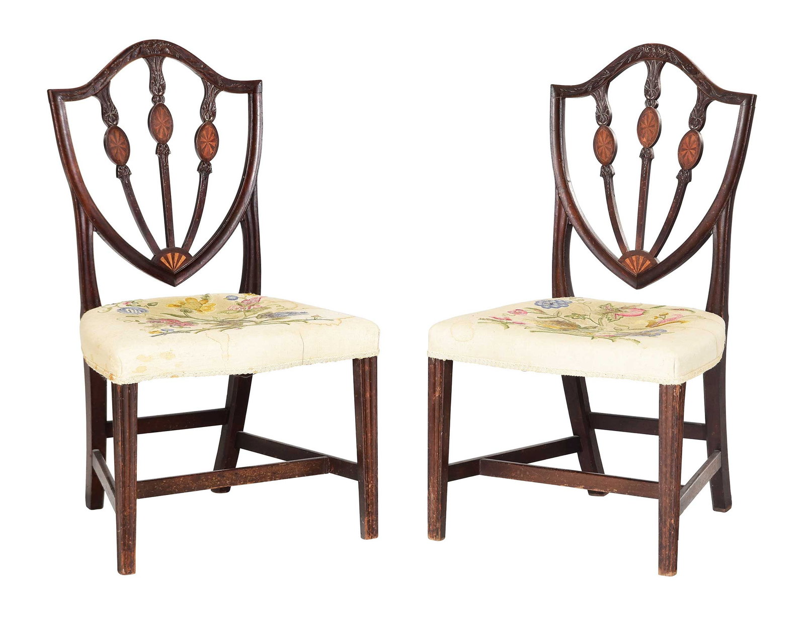 Pair of Massachusetts Federal Inlaid and Carved Mahogany Side Chairs, "WF" Brand: possibly William Fiske, Boston, circa 1800, inner seat rails with "WF" brand, old surfaces, shield back crest rails carved with fruit baskets, three foliate carved splats intersected with oval fan