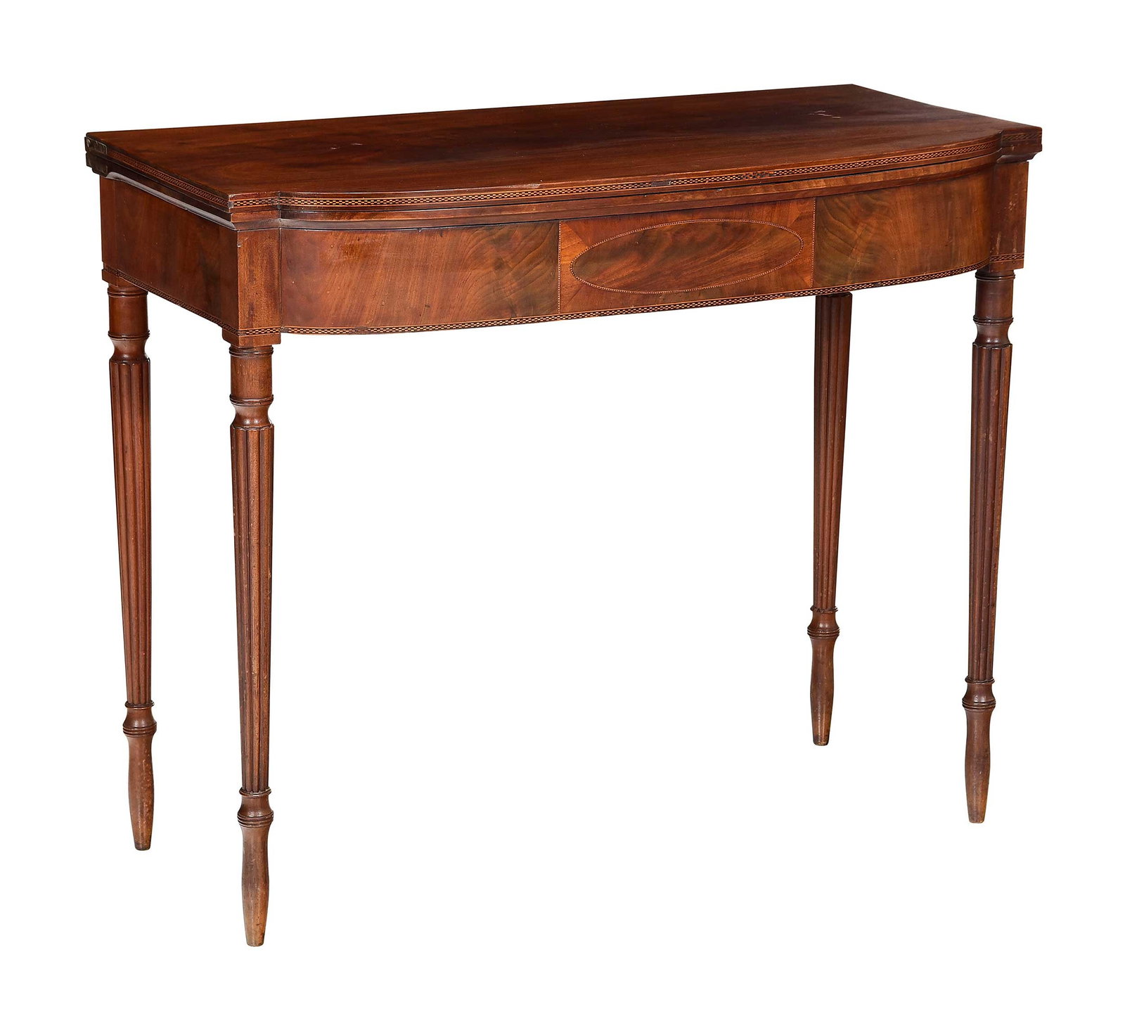 New England Federal Inlaid Plum Pudding Mahogany Card Table: probably Boston or Salem, Massachusetts, early 19th century, plum pudding figured top, checkered line inlay throughout with oval panel centering apron, reeded round tapered legs with elongated bulb