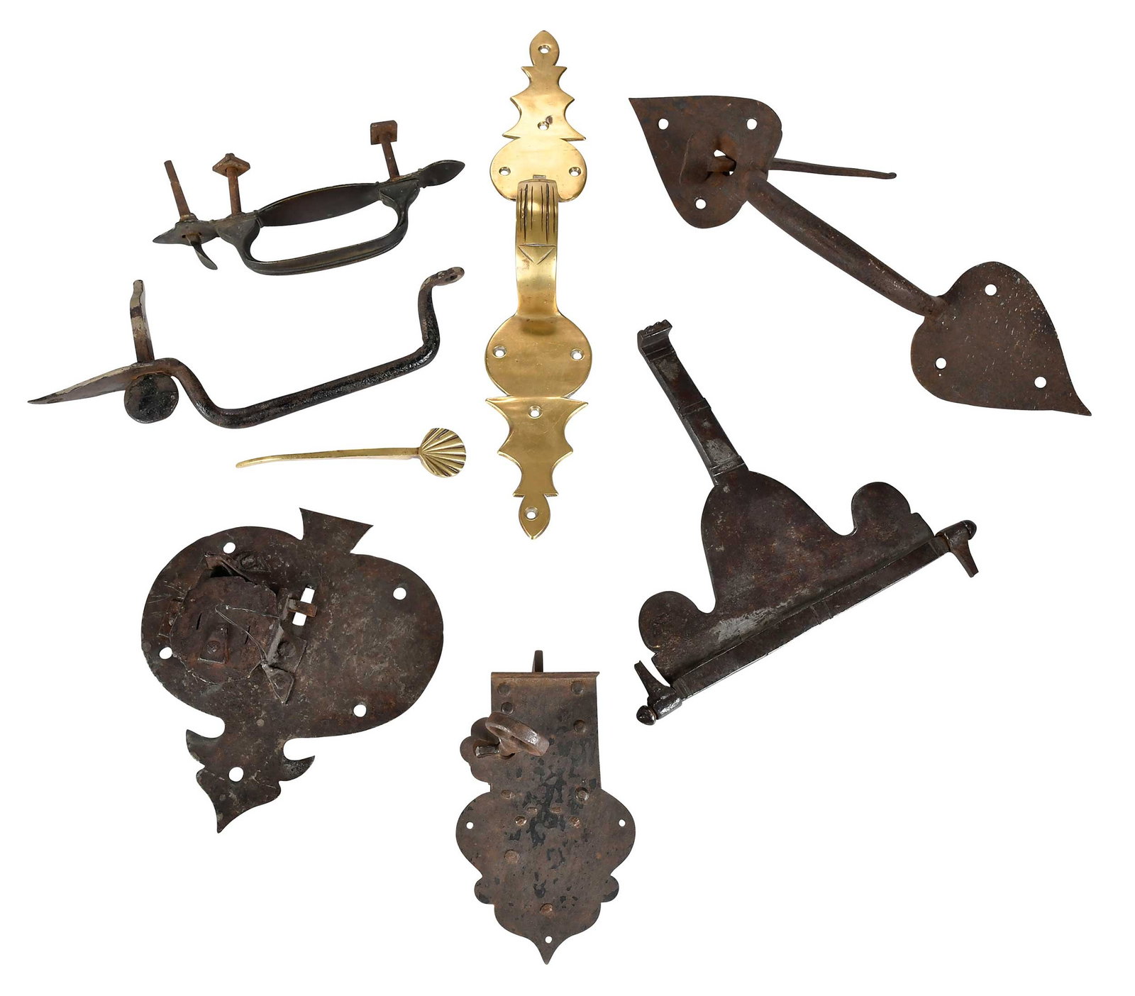 Seven Door Handles, Escutcheons, and Pulls: 18th/19th century, various forms and metals, one lock with key, largest 18 x 2 x 3-1/8 in. Provenance: The Ray J. and Anne K. Groves Collection