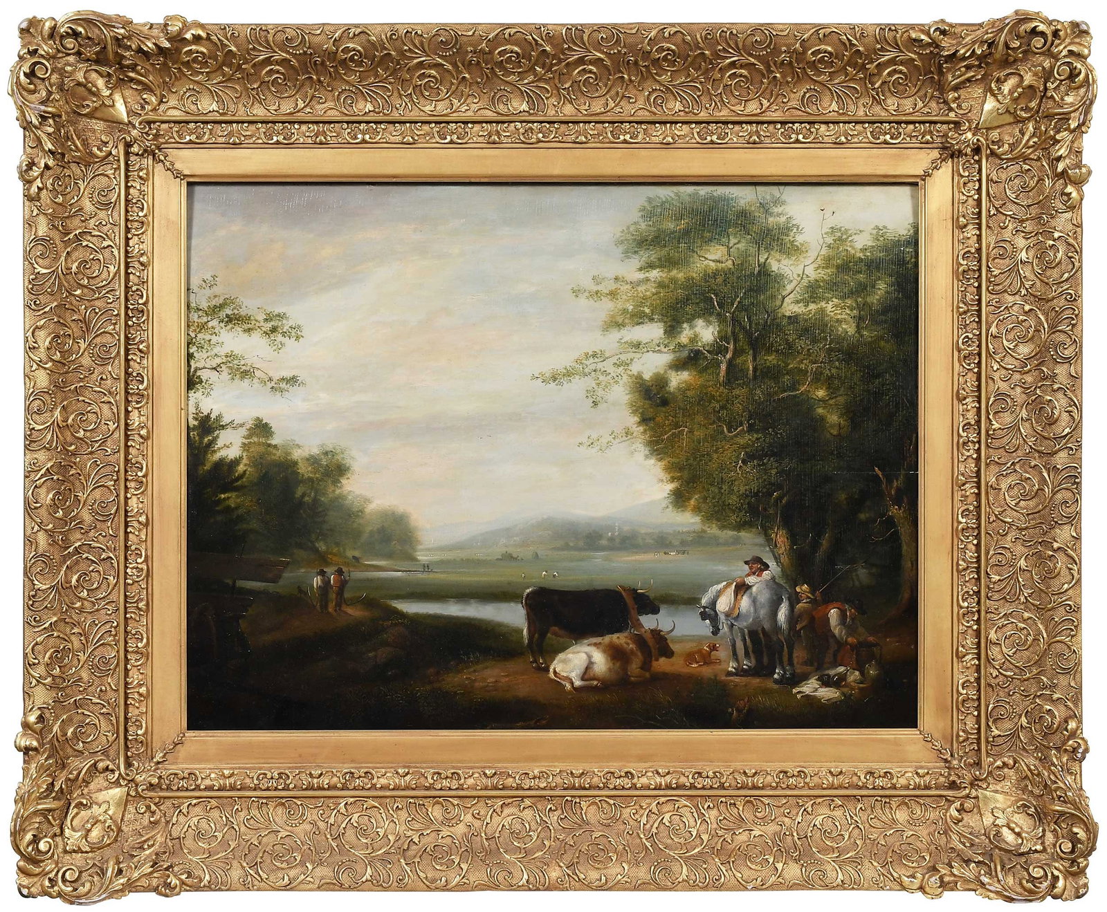 Alvan Fisher: (American, 1792-1863) Rest by the River, 1816, signed and dated lower left "A. Fisher Pinxt 1816", oil on panel, 21-7/8 x 28-3/4 in.; fine reproduction gilt wood frame, 33-1/2 x 40-1/2 x 3-3/8 in.