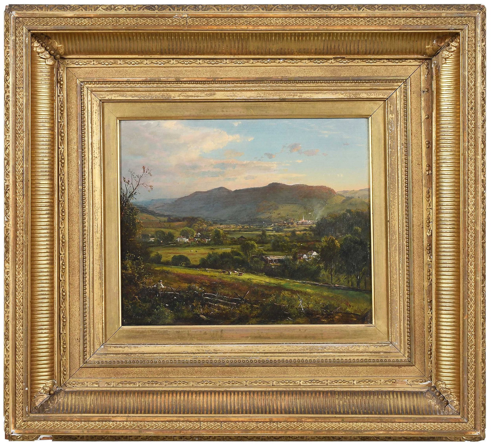 Dewitt Clinton Boutelle: (American, 1820-1884) Connecticut Valley, Panoramic Landscape, signed and dated lower left "Boutelle 1873 (?)", oil on canvas, 10 x 12 in.; fine period carved gilt wood frame, 20 x 22 x 3-1/2 in.