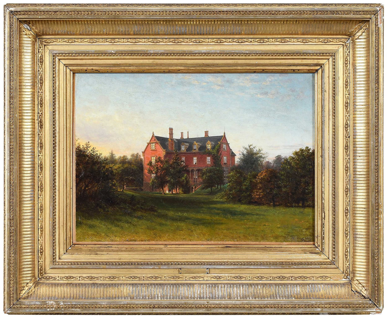 Edward Lamson Henry: (American, 1841-1919) The Brick Manor House, 1863, signed lower right "E.L. Henry 63", oil on canvas, 10 x 14 in.; fine period carved gilt wood frame, 17-3/4 x 21-1/2 x 3 in.