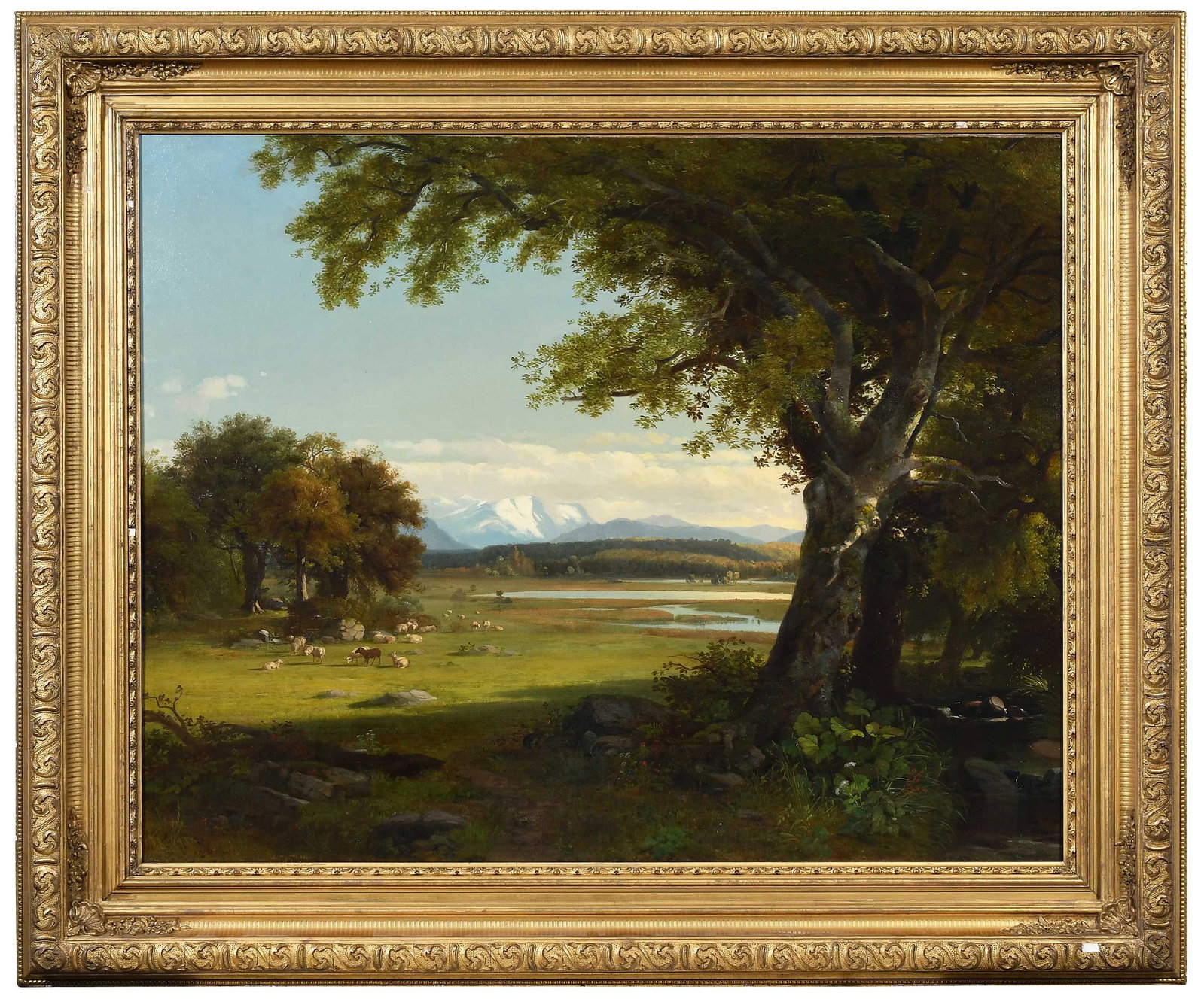 James McDougal Hart: (Scottish/America, 1828-1901) Panoramic Summer Landscape, signed lower left "James M Hart", bears tiny inventory label verso "791", oil on canvas, 35-3/8 x 46 in.; fine period gilt wood and