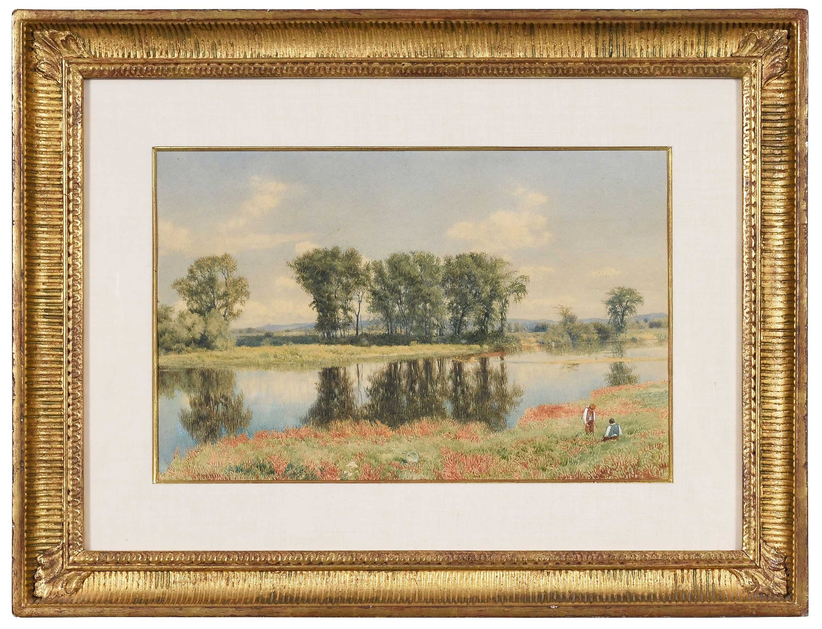 John William Hill: (British/America, 1812-1879) Along the River, 1867, signed and dated lower left "JW Hill 1867", water color on paper, 10-3/4 x 16-1/4 in.; fine reproduction gilt wood frame, 18-5/8 x 24-1/2 x 1-5/8