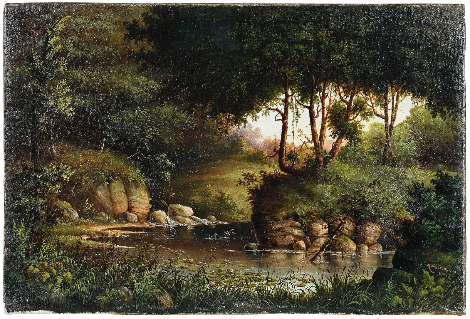 Robert W. Hanington: (American, 19th century) In The Forest, 1872, signed and dated lower right "Hanington 1872", oil on canvas, 12-1/8 x 18 in.; unframed 