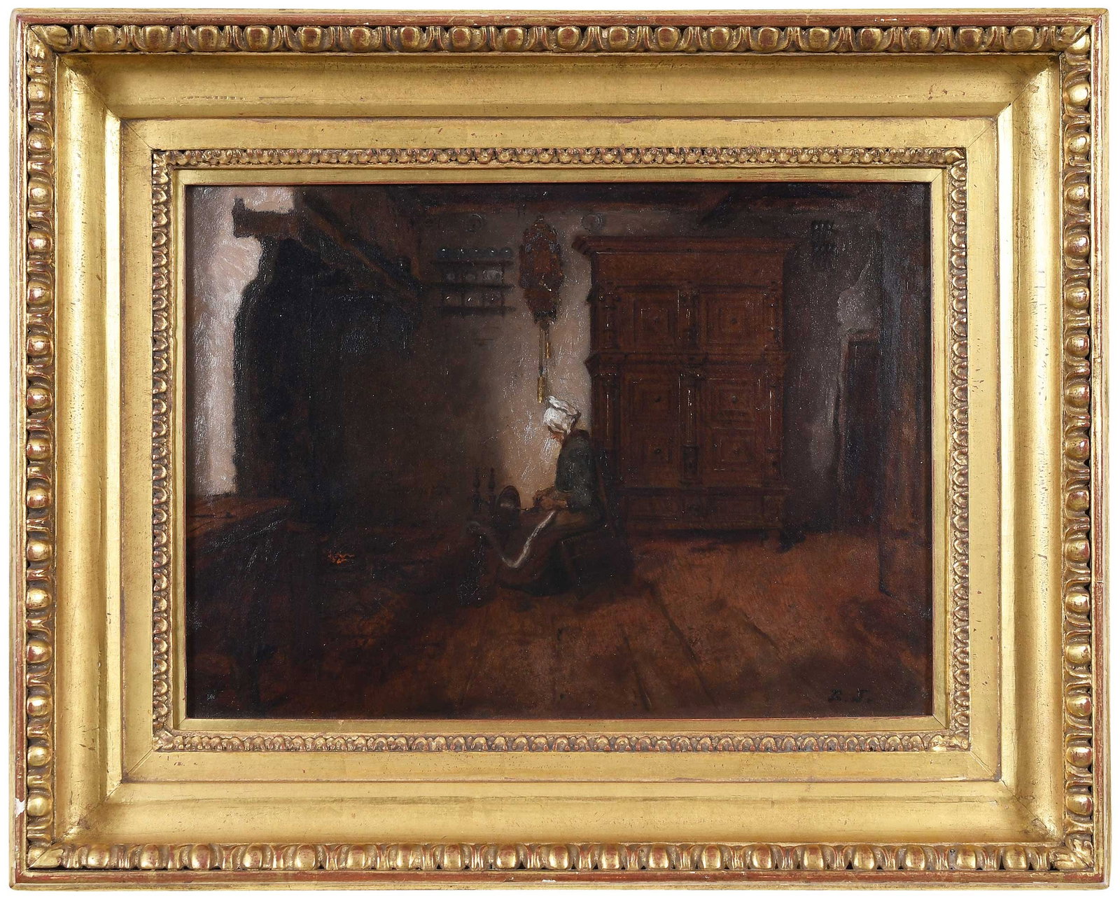 Eastman Johnson: (American, 1824-1906) Dutch Interior, Dongen, Province in Holland, c. 1853, signed lower right "E.J.", oil on paper, 11-1/4 x 15-1/2 in.; fine carved period gilt wood frame, 17-3/8 x 21-5/8 x 3-1/8