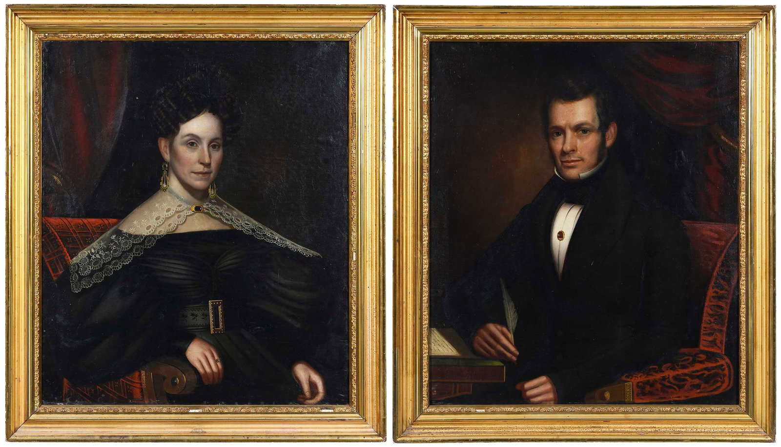 John Samuel Blunt: (American, 1798–1835) Pair of Portraits, Ralph and Anna Smith, unsigned, oil on canvas, each 35-1/2 x 30 in.; matching period gilt wood frames, 41-3/4 x 36-1/4 x 2-3/8 in. Provenance: Descended