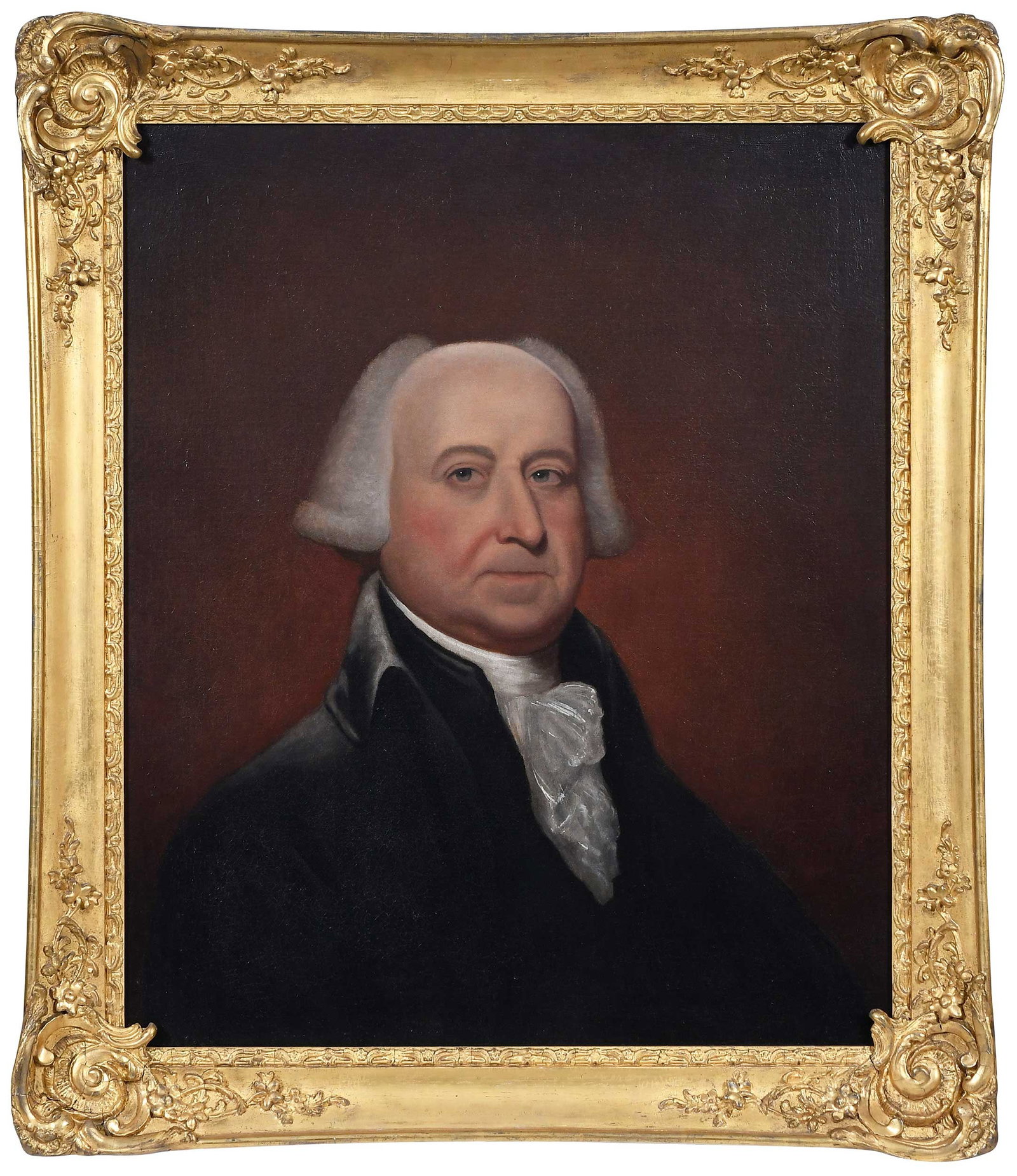 Attributed to Edward Savage: (American, 1761-1817) Portrait of President John Adams (1735-1826), unsigned, bears label verso "Tilden Thurber Co./ Art Gallery/Providence, R.I./Makers of/ Artistic Frames", oil on canvas, 30 x