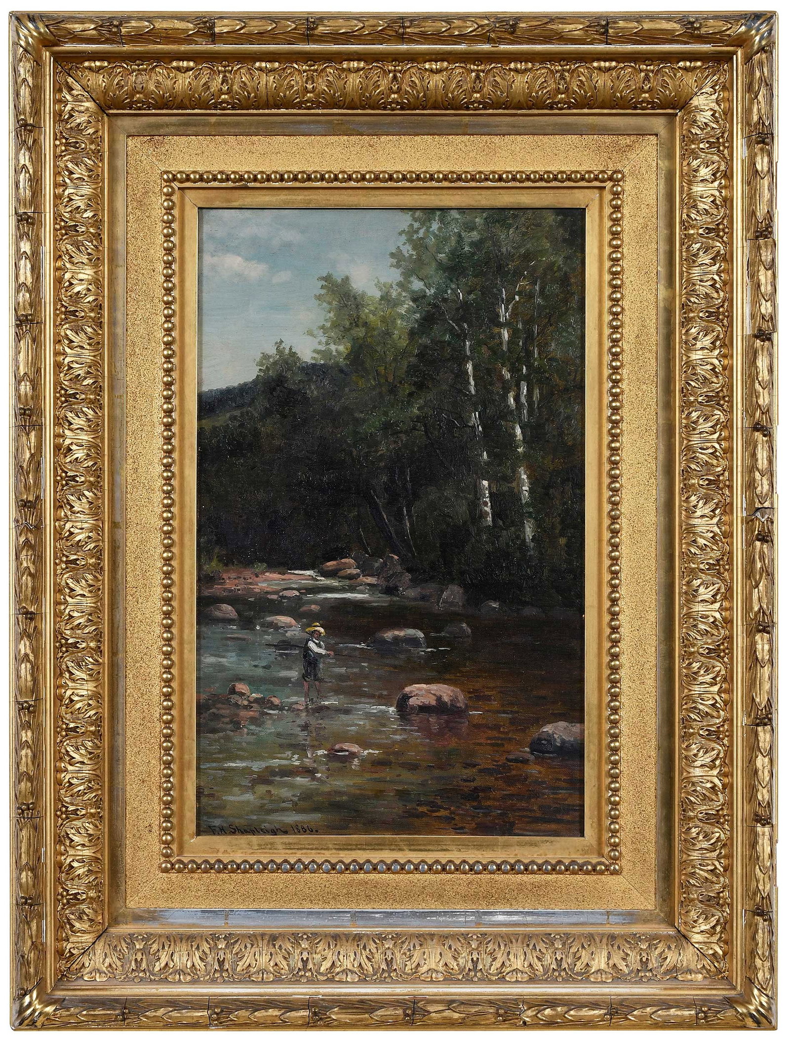 Frank Henry Shapleigh: (American, 1842-1906) Fishing On The Ellis River, Jackson, New Hampshire, 1886, signed and dated lower left "F.H. Shapleigh 1886", signed and titled verso "On Ellis River, Jackson N.H. by F.H.