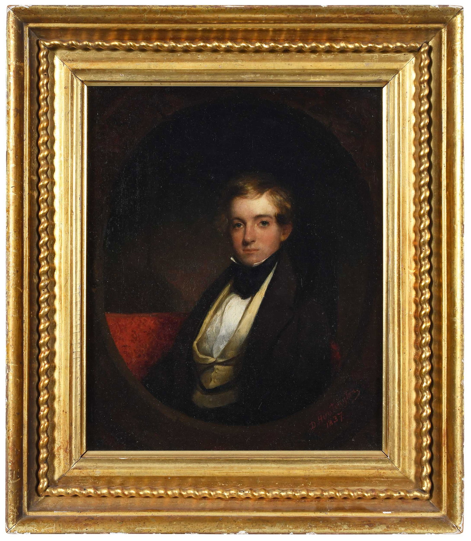 Daniel Huntington: (American, 1816-1906) Portrait of a Young Man, signed lower right "D. Huntington 1837", inscribed "Huntington" on stretcher verso, New York colourman stamp on canvas verso, oil on canvas, 12-1/8 x 10