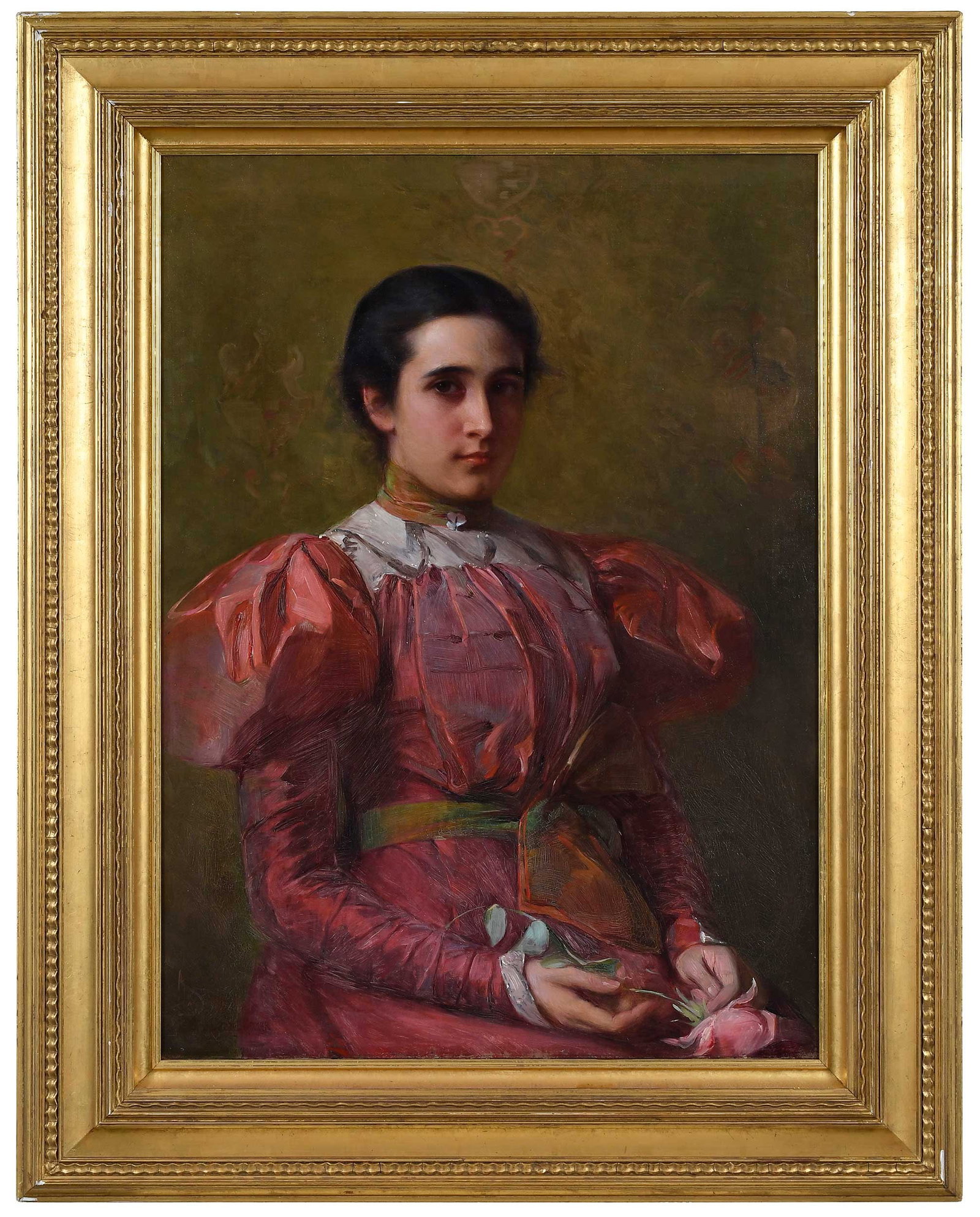 Oliver Dennett Grover: (American, 1861-1927) Miss Marion Rogers, 1897, signed and dated lower left "Oliver Dennett Grover 1897", titled on partial unknown exhibition label verso, oil on canvas, 30-1/8 x 22-1/8 in.; gilt woo