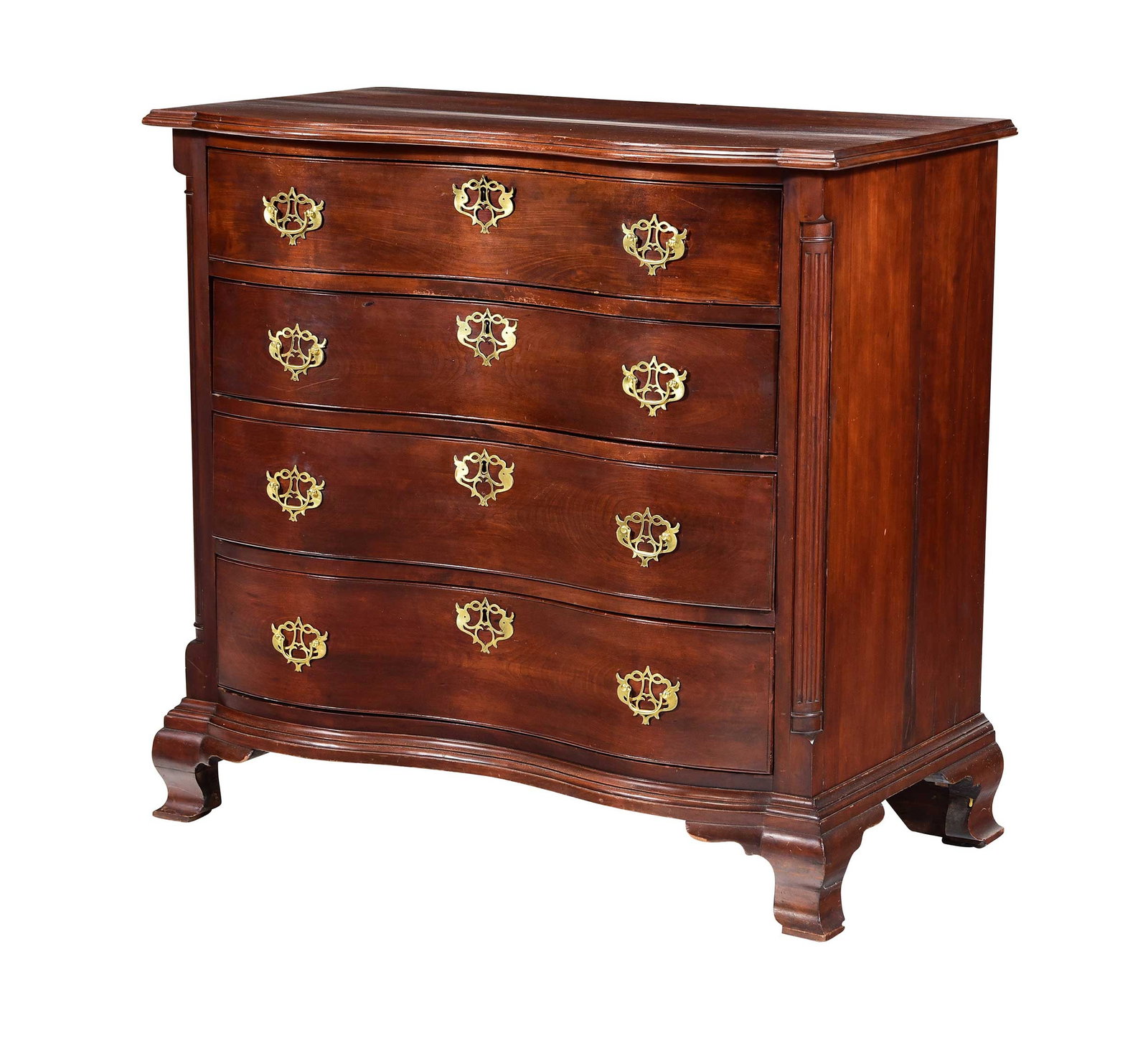 American Chippendale Cherry Reverse Serpentine Chest of Drawers: probably Connecticut, circa 1780, rich brown color, fluted quarter columns, flared ogee bracket feet, white pine secondary, 36-1/4 x 38-1/2 x 22 in. 