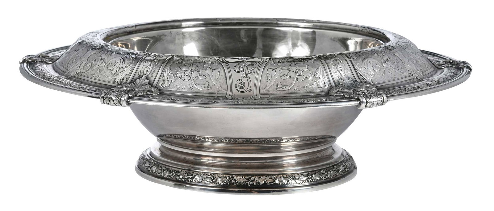 Gorham Florenz Sterling Center Bowl: American, 20th century, round footed form in the Florenz pattern, inscribed on bases, "Francis/1928", marks for Gorham, 39.41 oz. T., 4 x 13 in. Provenance: Private Georgia Collection
