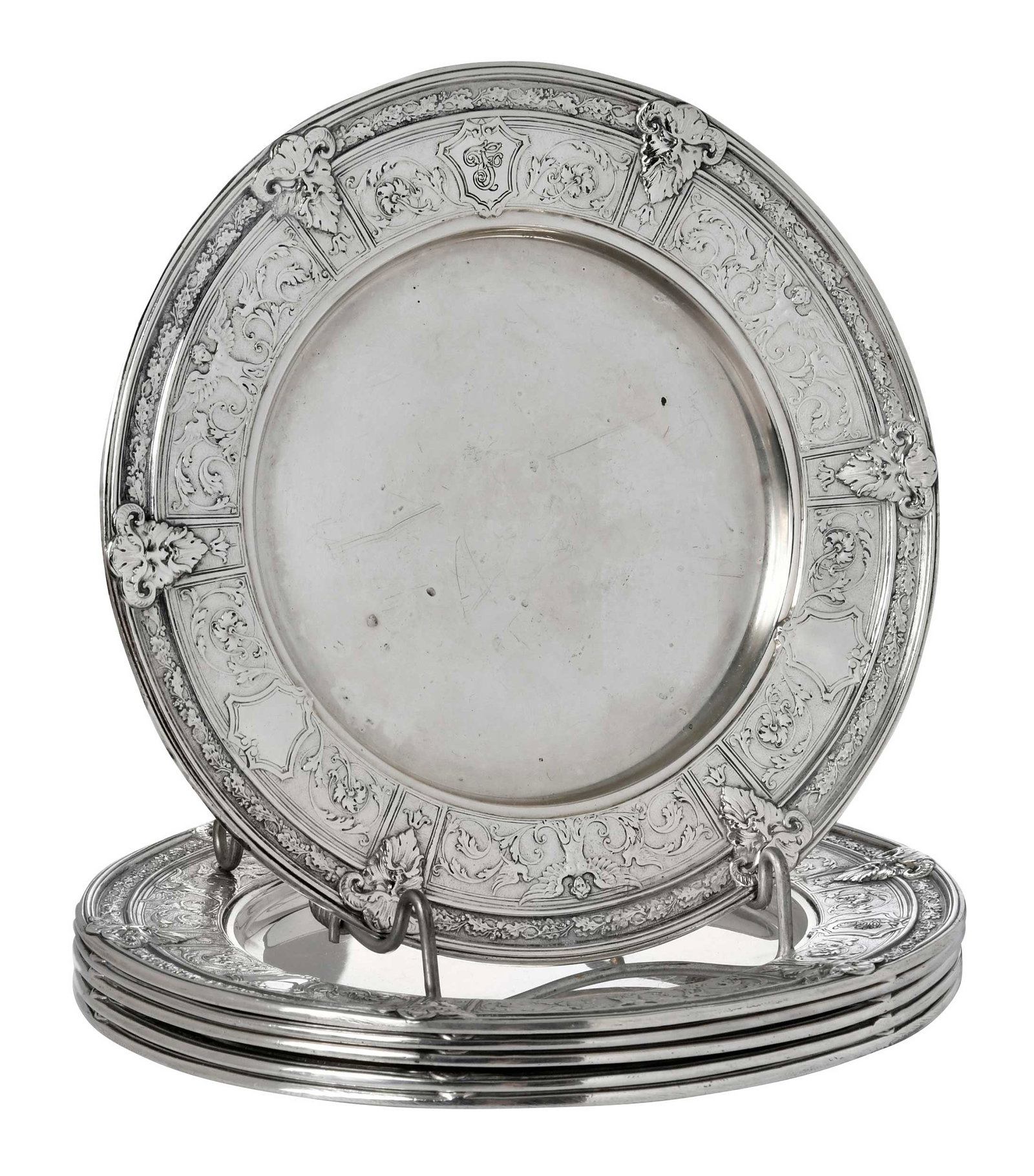Six Gorham Florenz Sterling Bread and Butter Plates: American, 20th century, round in the Florenz pattern, inscribed on bases "Francis/1928", marks for Gorham, 36.52 oz. T., 6-1/2 in. Provenance: Private Georgia Collection