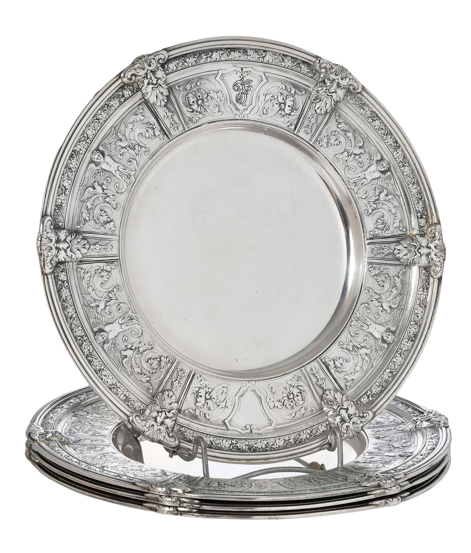 Four Gorham Florenz Sterling Salad Plates: American, 20th century, round in the Florenz pattern, inscribed on bases, "Francis/1928", marks for Gorham, 46.55 oz. T, 8-3/8 in. Provenance: Private Georgia Collection