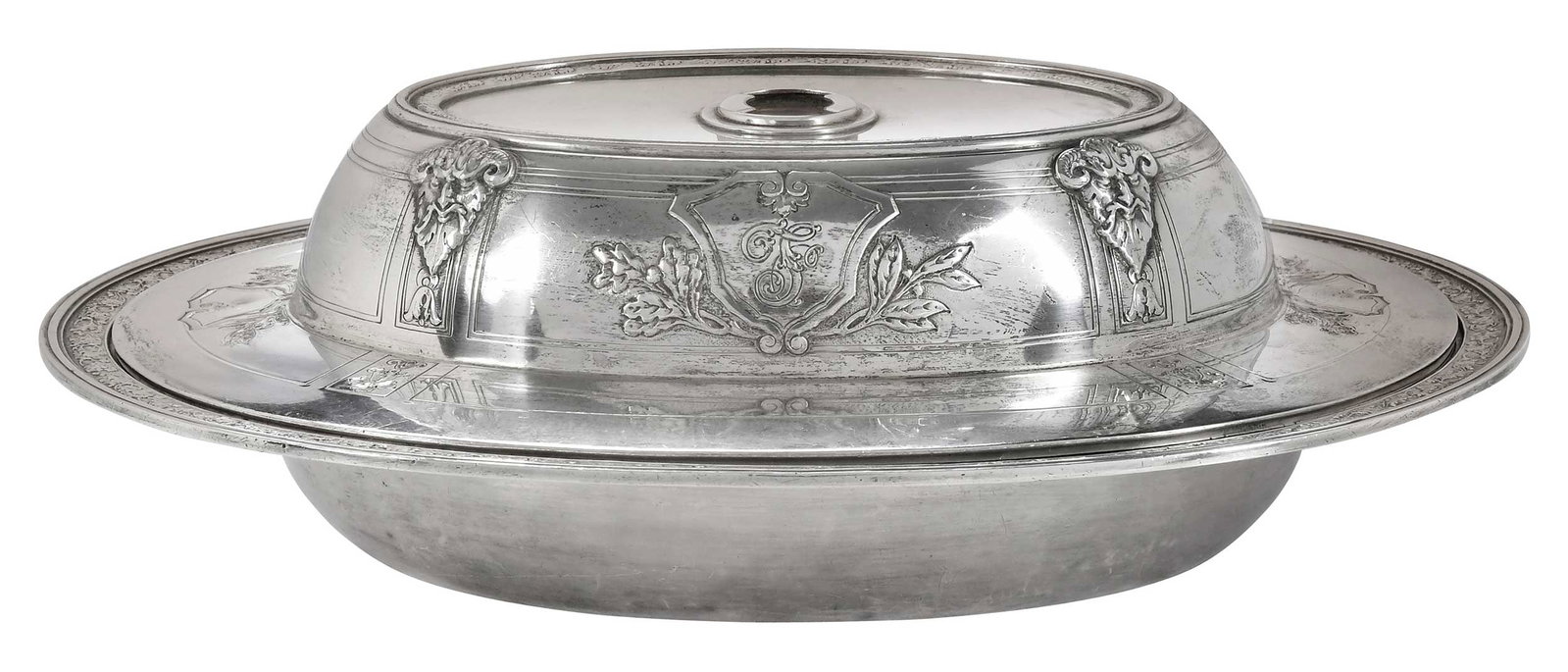 Gorham Florenz Sterling Entree Dish: American, 20th century, oval form in the Florenz pattern, inscribed on bases, "Francis/1928", marks for Gorham, 34.27 oz. T, 6-1/2 in. Provenance: Private Georgia Collection