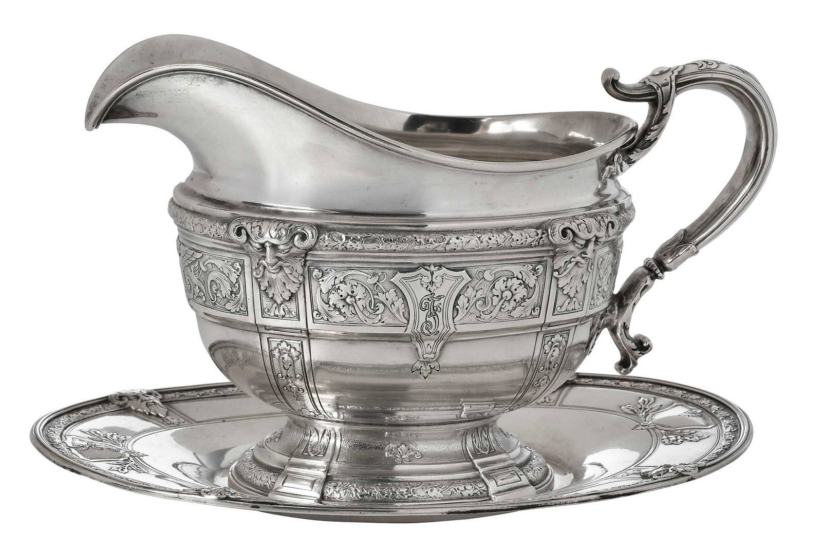Gorham Florenz Sterling Gravy with Underplate: American, 20th century, helmet form gravy and underplate in the Florenz patterns, inscribed on base "Francis/1928", marks for Gorham, 20.57 oz. T., 5 x 7-1/2 x 4 in. gravy and 8-1/4 in. underplate