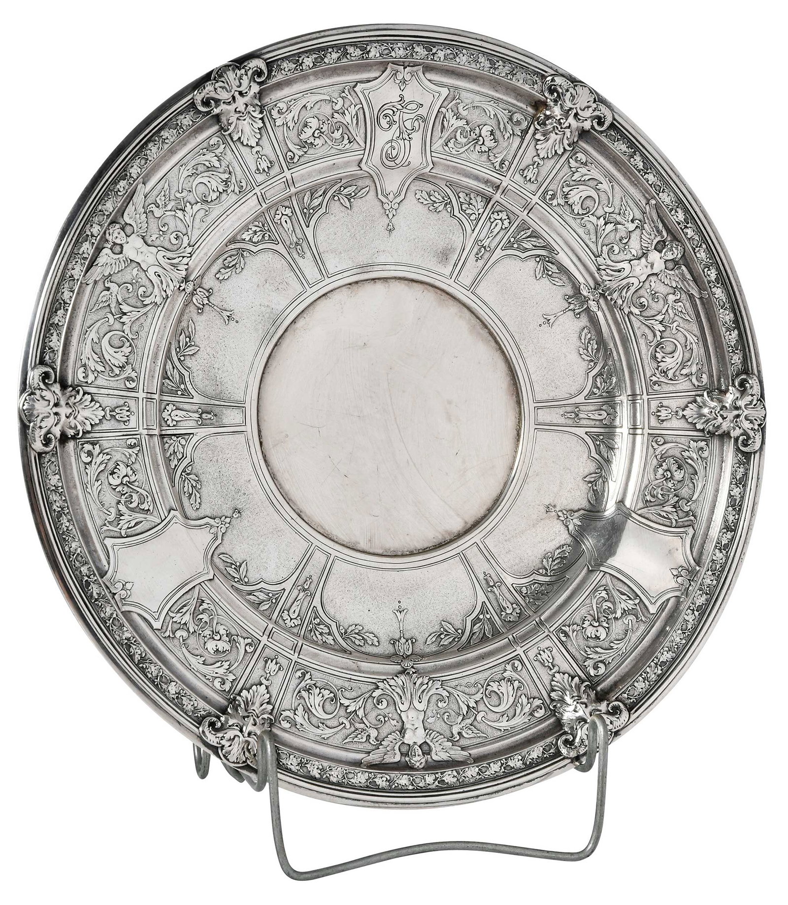 Gorham Florenz Sterling Footed Cake Plate: American, 20th century, round footed form in the Florenz pattern, inscribed on bases, "Francis/1928", marks for Gorham, 31.37 oz. T, 2 x 12-1/2 in. Provenance: Private Georgia Collection