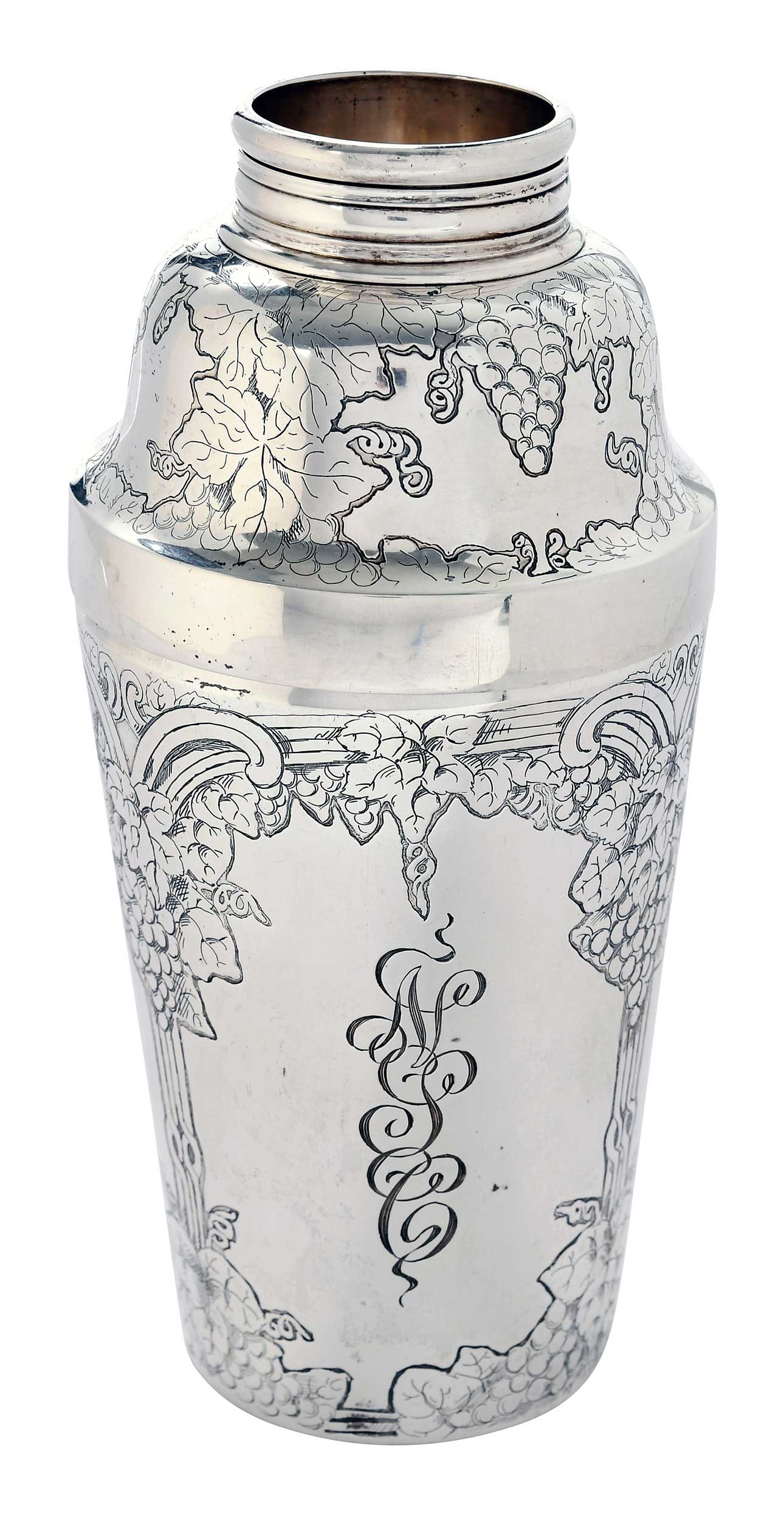 Tiffany Sterling Cocktail Shaker: American, 1902-1907, typical form with grape and vine decoration, strainer lid, monogram, marks for Tiffany & Co., "9787...8986", 12.73 oz. T., 7-1/2 in. Provenance: Shippen Family