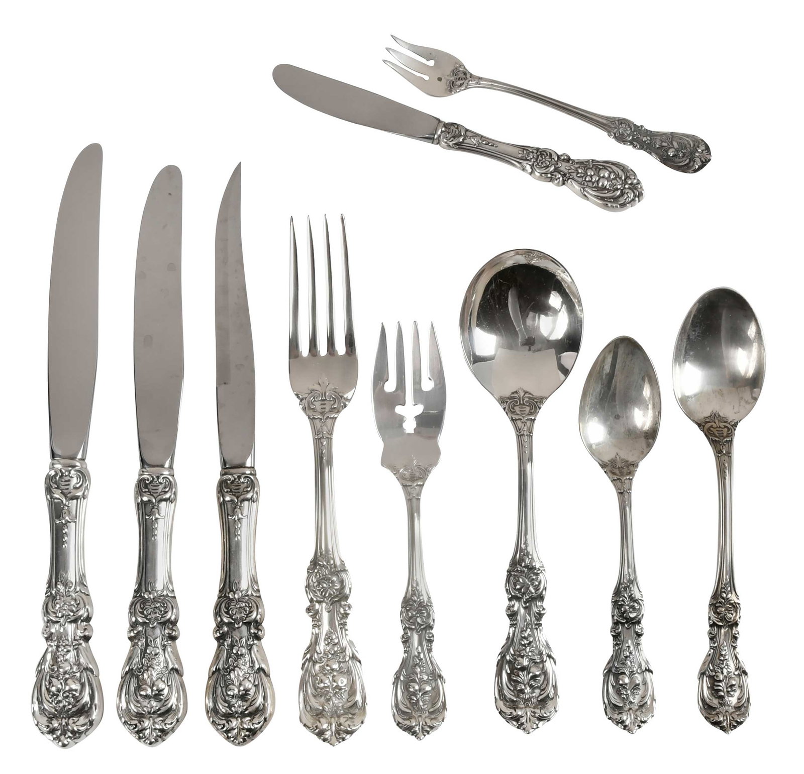Reed & Barton Francis I Sterling Flatware, 181 Pieces: American, 20th century, including twelve 9-1/4 in. hollow handle knives; thirteen 9 in. hollow handle knives; twelve 9 in. hollow handle steak knives; twelve 7-3/8 in. forks; twenty four 7-1/4 in. for