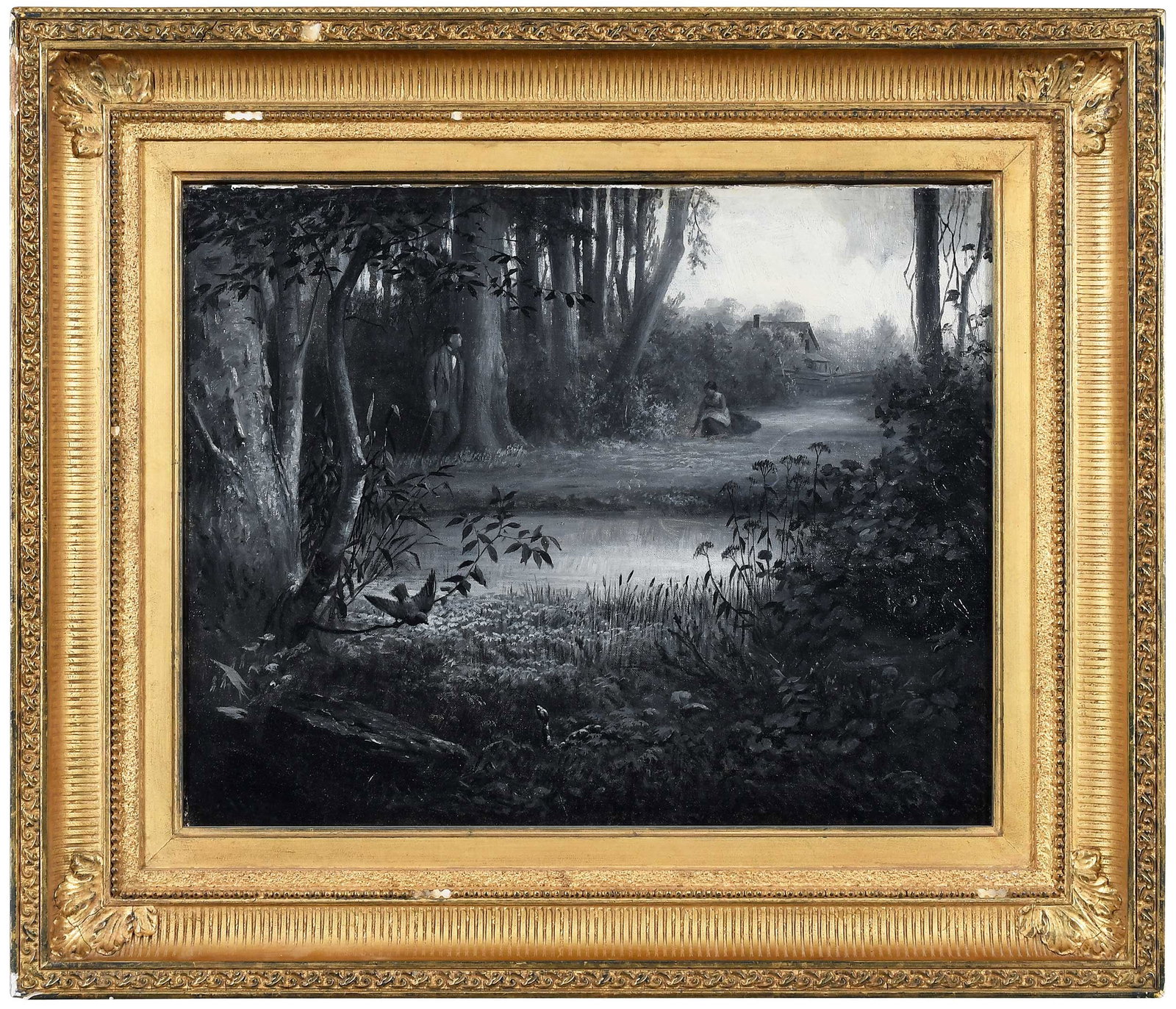 William Holbrook Beard: (American, 1824-1900) Serpents, unsigned, oil on canvas en grisaille, unsigned, 11-7/8 x 14-7/8 in.; fine reproduction gilt wood and composition frame, 18 x 21 x 2 in. Provenance: Alexander Gallery,