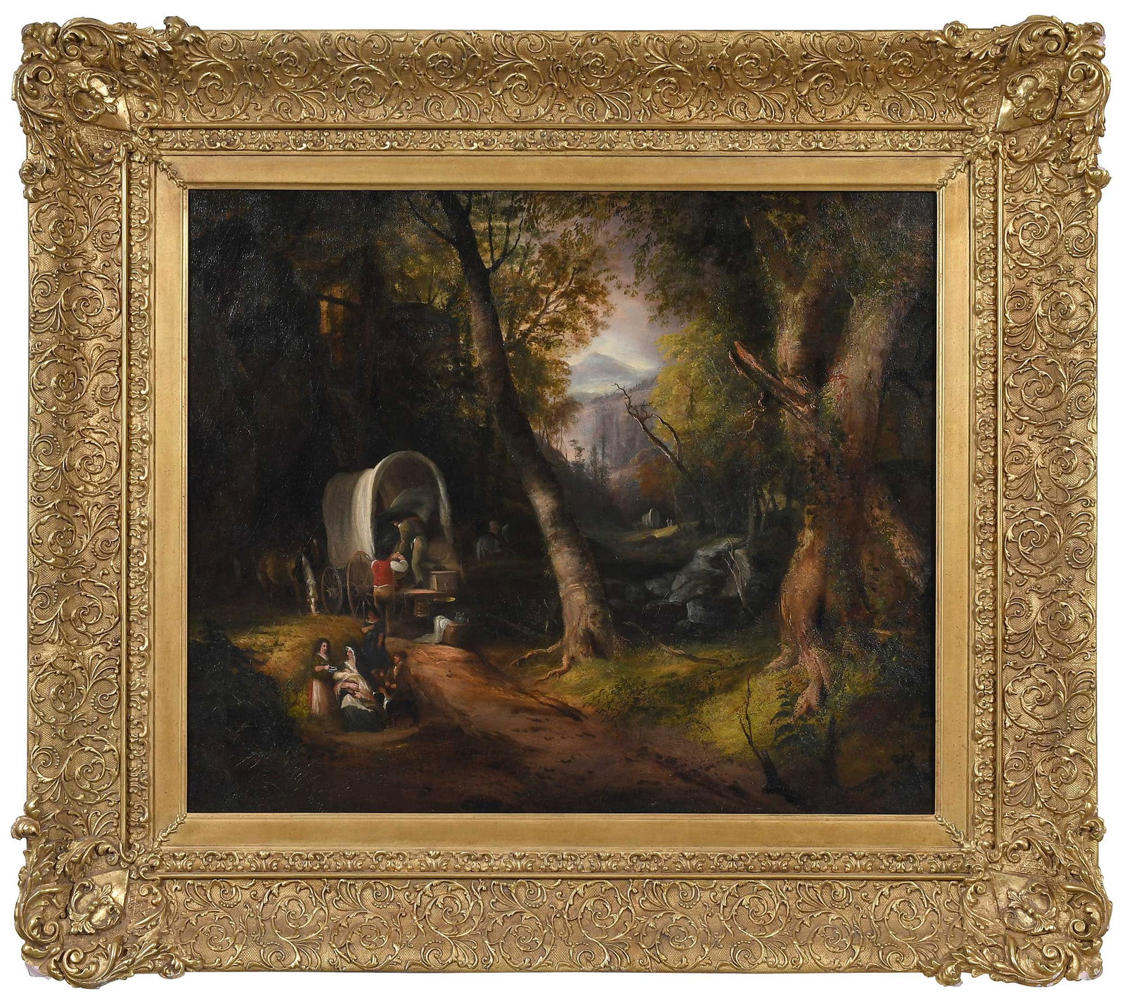 Alvan Fisher: (American, 1792-1863) Rest on the Trail, 1827, unsigned, oil on canvas, 25 x 30 in.; possible fully restored period carved gilt wood frame, 36-1/2 x 41-1/2 x 3-3/4 in. Provenance: Karolik Museum of Fi