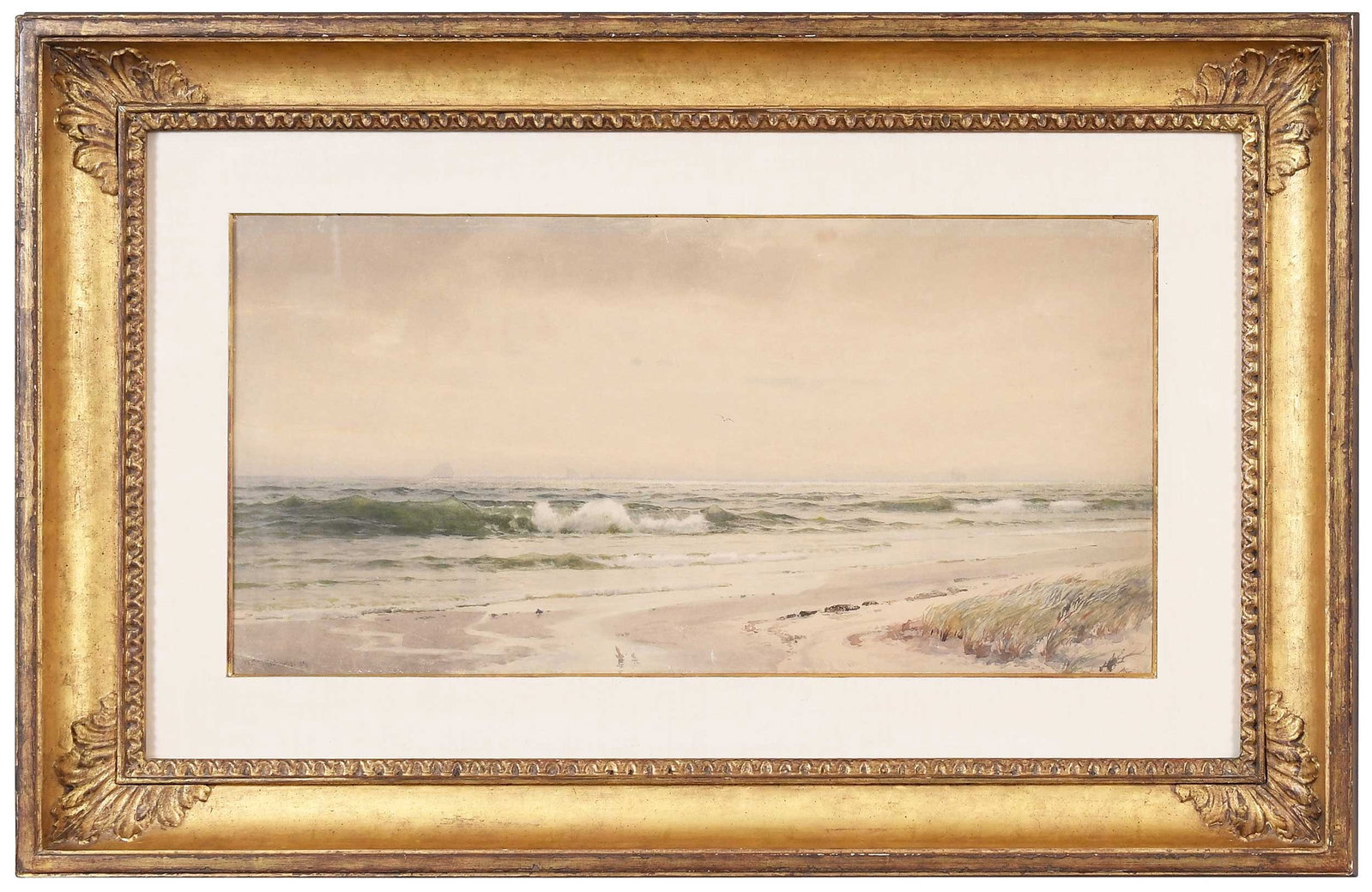 William Trost Richards: (American, 1833-1905) A New Jersey Beach, 1889, signed and dated lower left "WMT. Richards. 89", inscribed with title in pencil verso, watercolor on paper, 12 x 24 in.; fine reproduction gilt wood