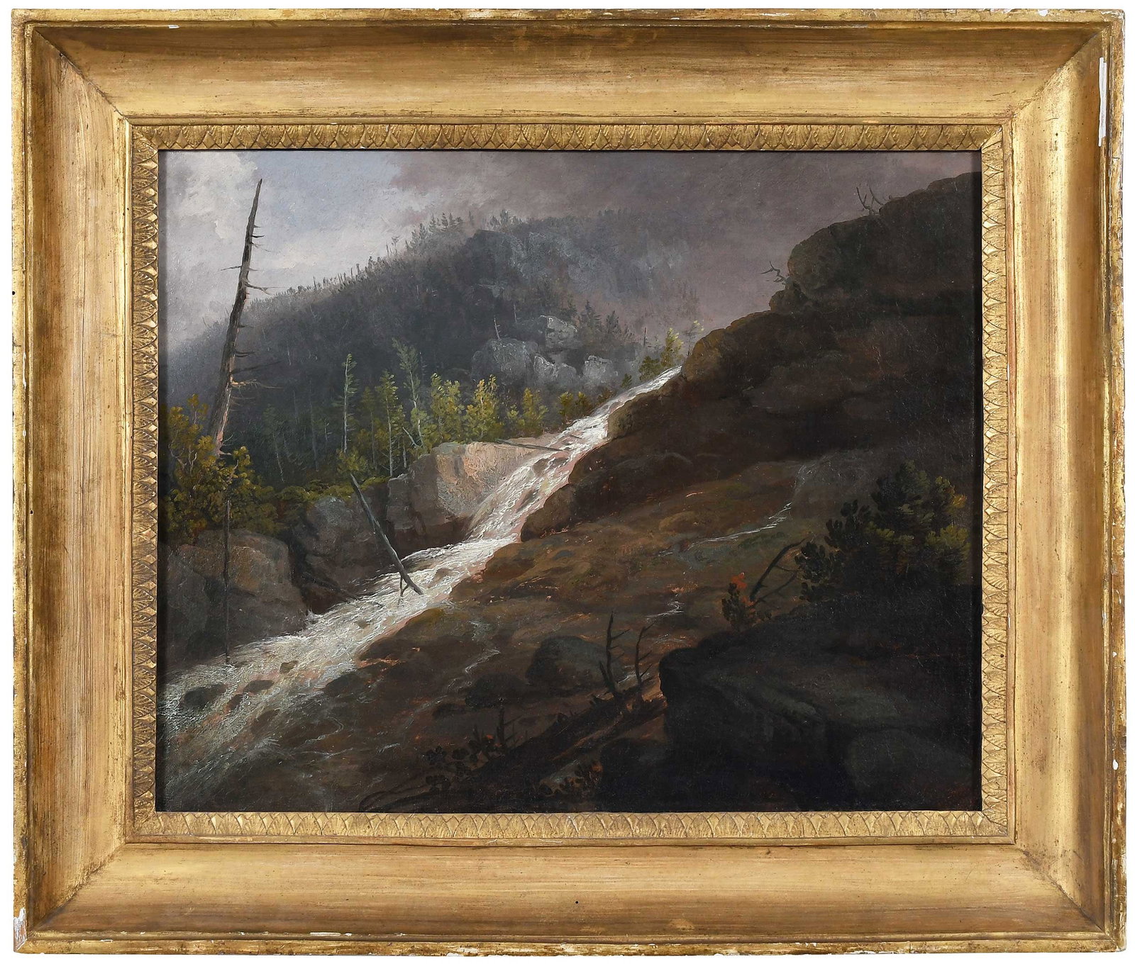 American School Waterfall: (19th century) Mountain Cascade, unsigned, painted circa 1840s-50s, oil on canvas, 17 x 21 in.; period carved gilt wood frame, 27-1/4 x 23 x 3 in. 