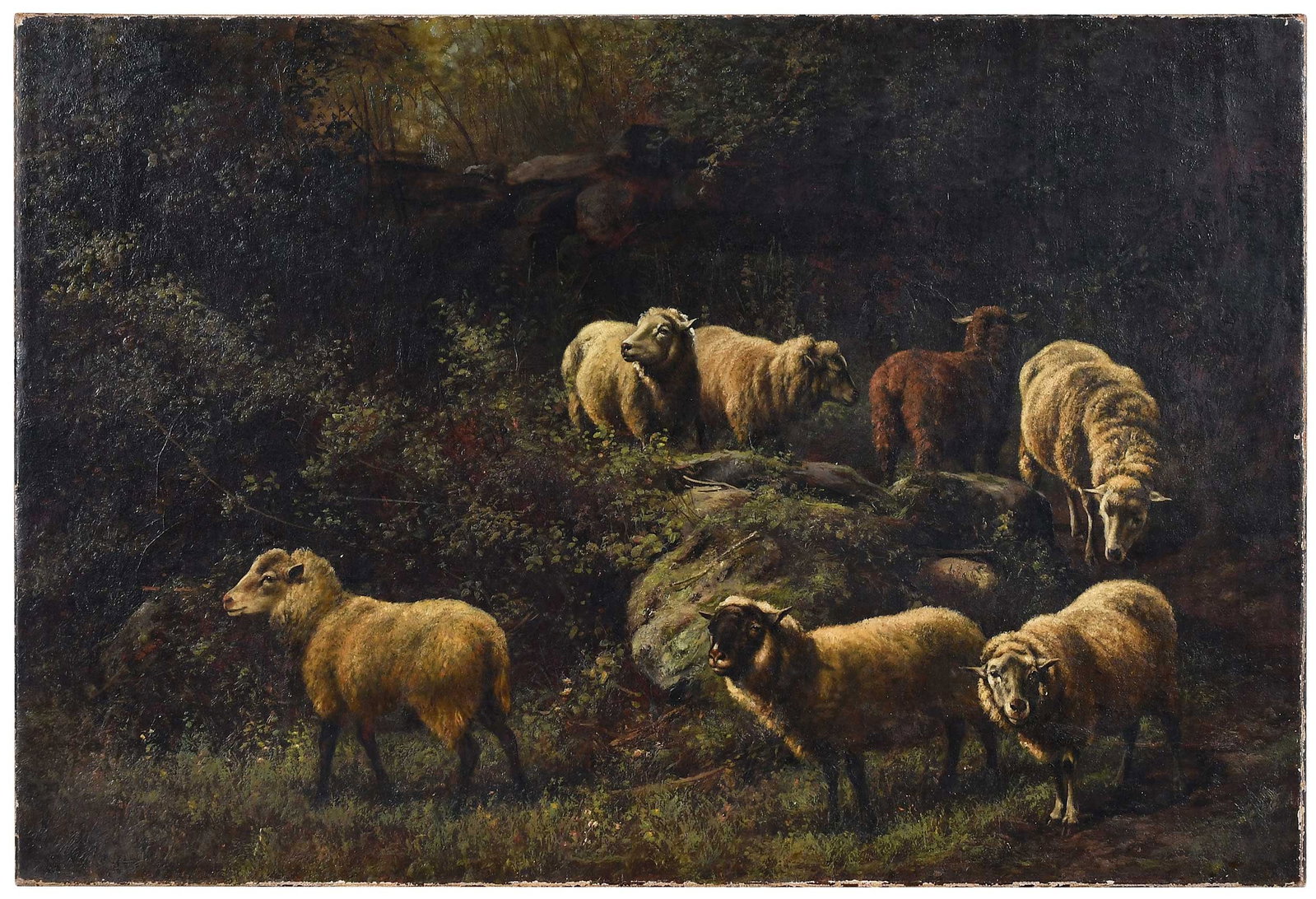 Arthur Fitzwilliam Tait: (British/America, 1819-1905) Sheep in the Forest, 1890, signed and dated lower left "AF Tait N.A. NY 90", oil on canvas, 16-1/8 x 24 in.; unframed 