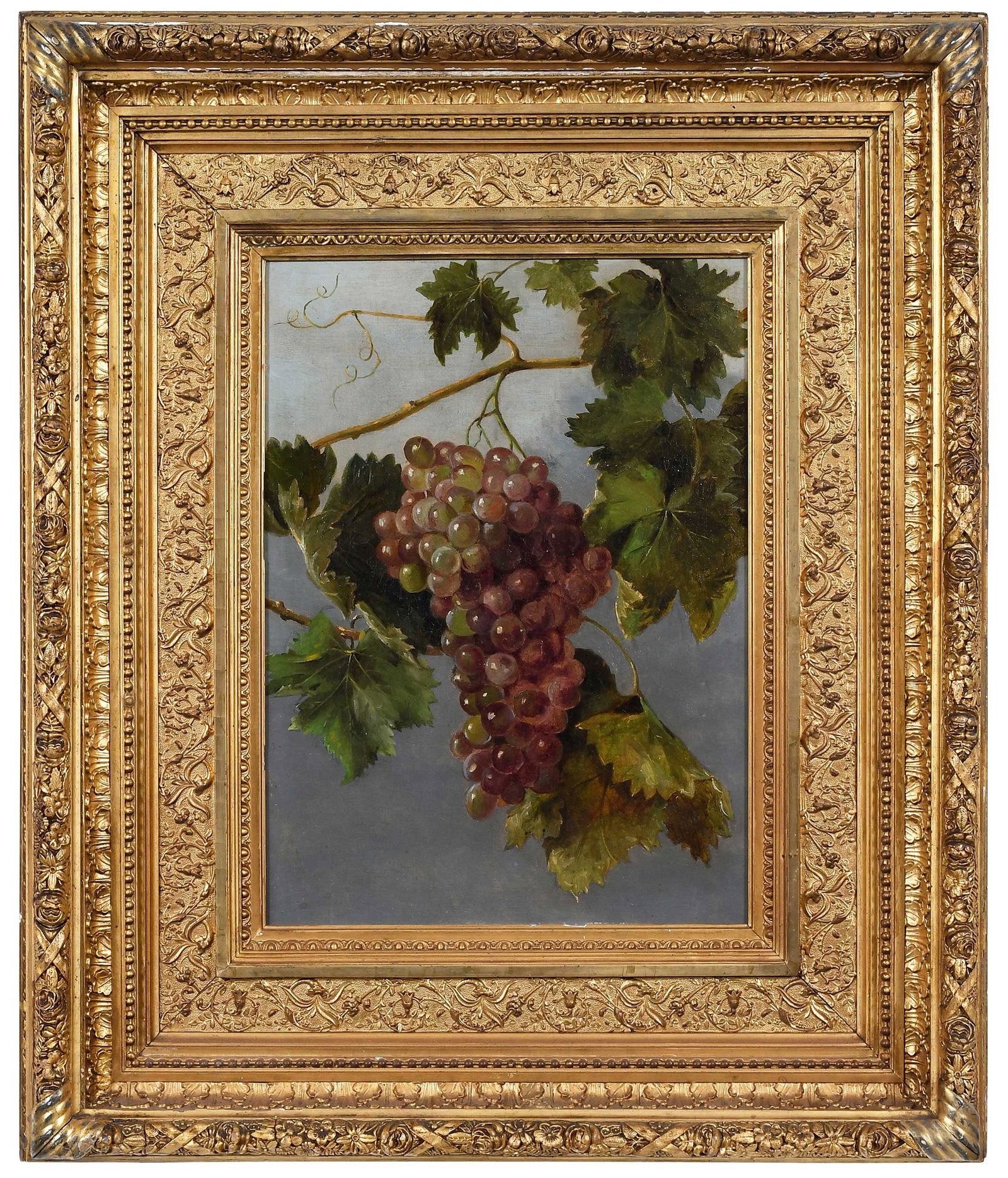 Attributed to Edwin Deakin: (English/America, 1838-1923) Still Life of Grapes, unsigned, oil on canvas, 18 x 13 in.; fine period gilt wood and composition frame, 29-7/8 x 25 x 3-3/4 in.