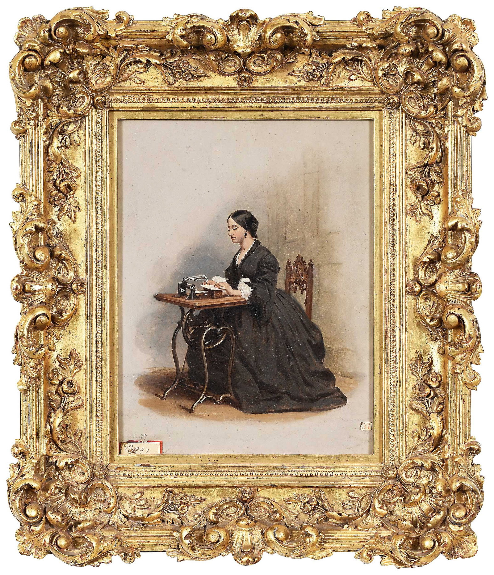 Attributed to Francis Edmonds: (American, 1806-1863) Woman Engraving, unsigned, inscribed in pencil verso "Francis W. Edmonds, artist/Hanks Engraver", oil on board, 12-1/8 x 9-1/4 in.; fine reproduction carved gilt wood frame, 18